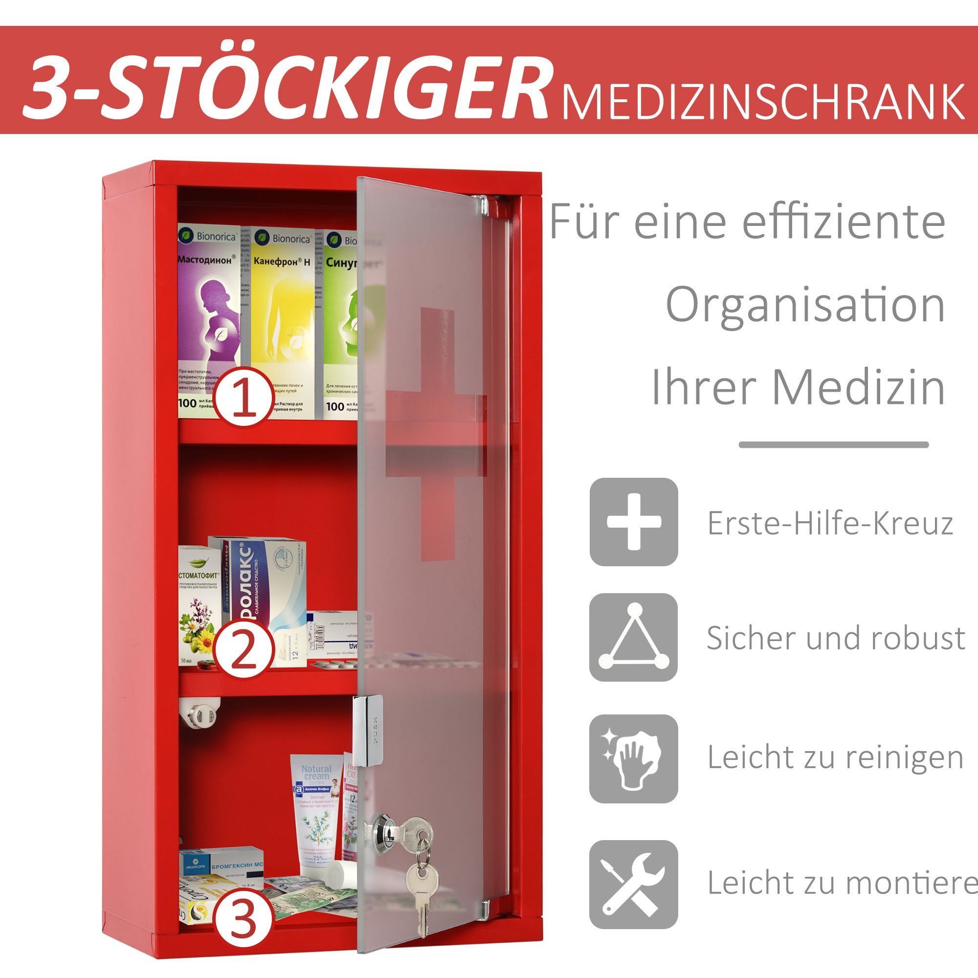 48 Erste-Hilfe-Schrank) Kleankin x x Metall Medizinschrank mit Schloss cm 25 12 1-St., Fächer (Set, Rot 3