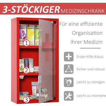 Kleankin Medizinschrank (Set, 1-St., Erste-Hilfe-Schrank) mit Schloss 3 Fächer Metall Rot 25 x 12 x 48 cm