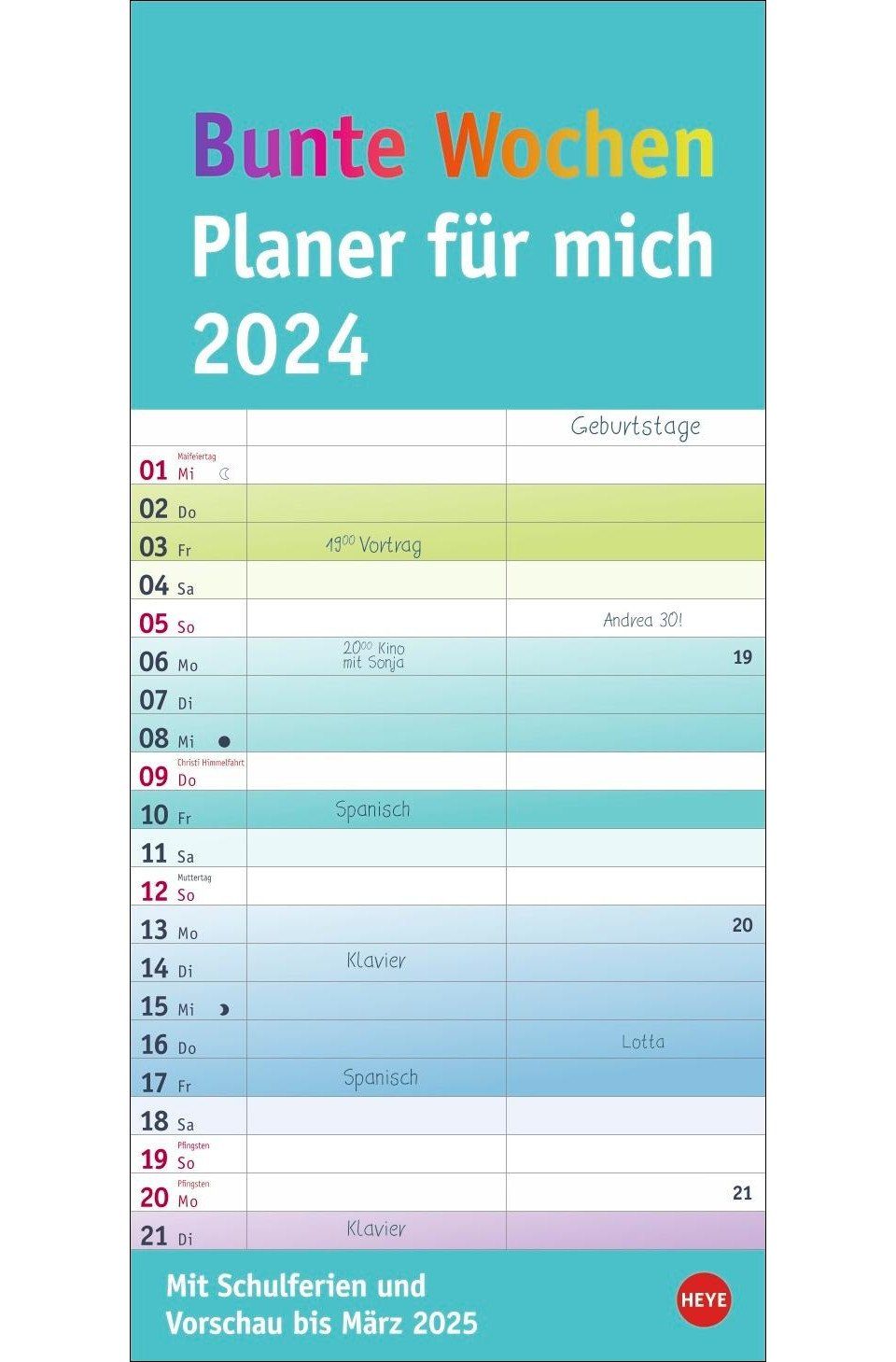 Athesia Kalenderverlag Wandkalender Bunte Wochen Planer für mich 2024.  Praktischer Wandplaner mit 2 Spa...