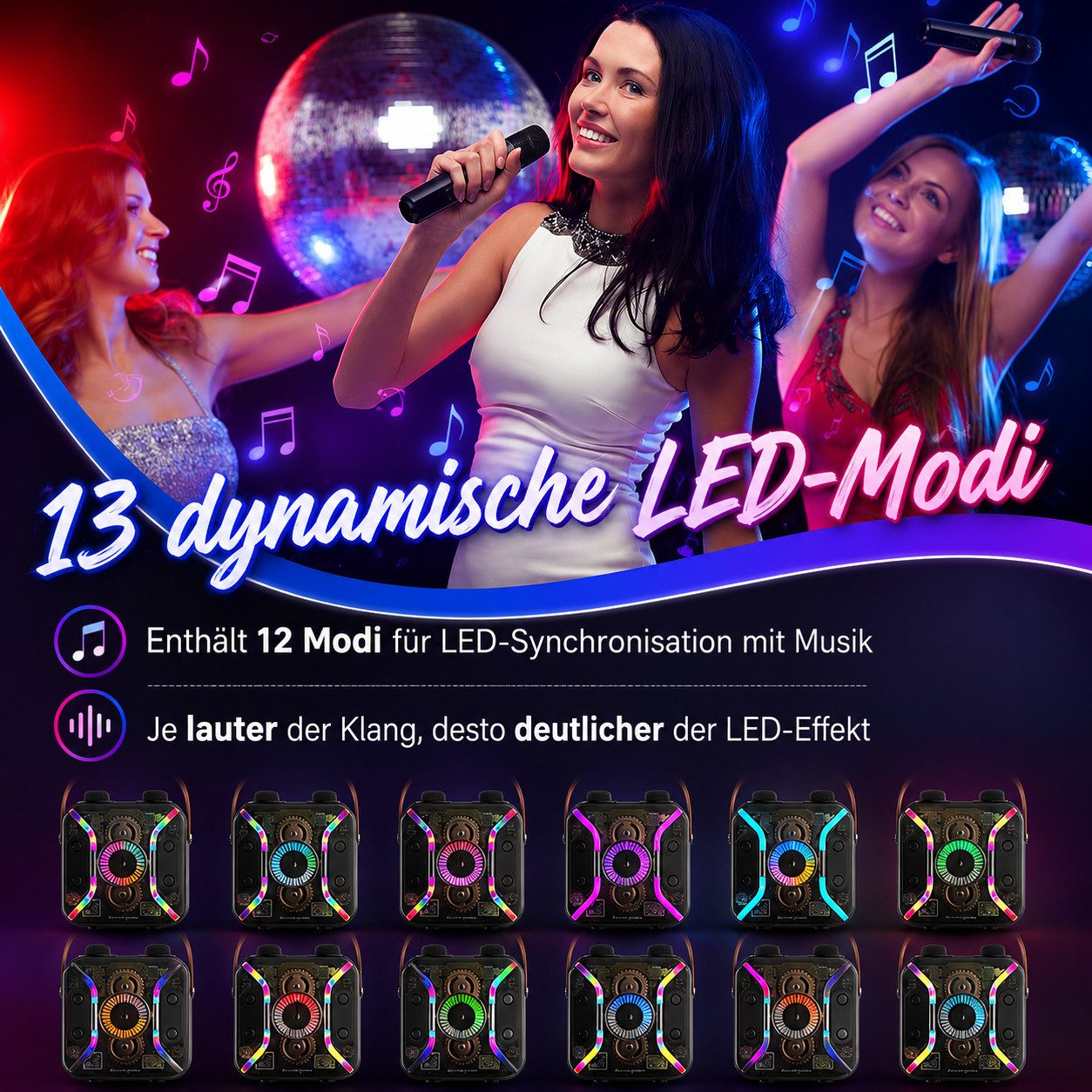 MOPUEA Karaoke-Maschine mit 2 kabellosen Mikrofonen Party-Lautsprecher Bluetooth-Lautsprecher 2 (Bluetooth, Radio, USB, AUX IN, Micro SD Kartenslot, 30 W, Party – Bild 4 von 5