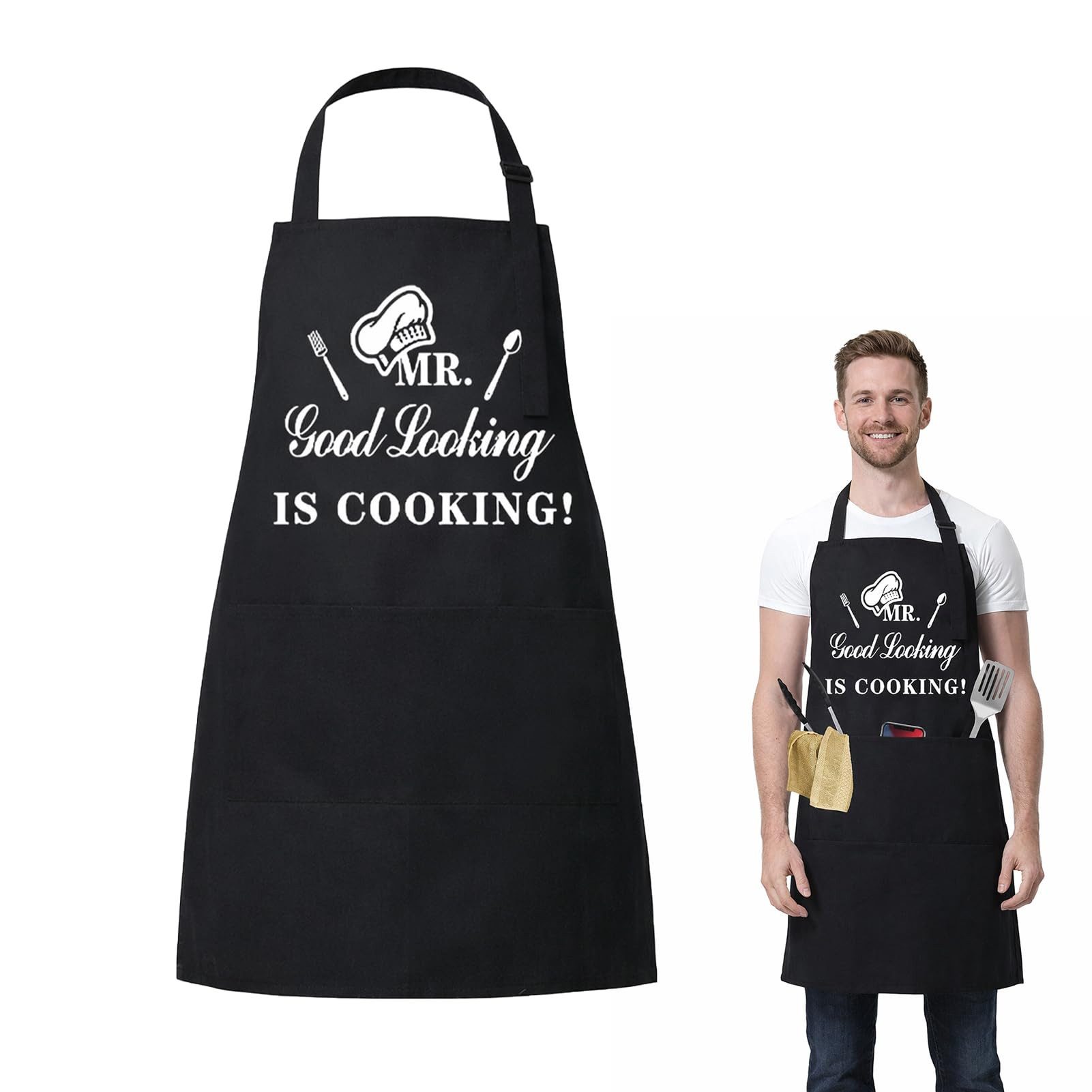 FOUORTUNATE-BEE Kochschürze Schwarze Kochschürze Herren Grillschürze Papa Küchenschürze, Grillschürze für BBQ, Küche, Vatertag und Gartenparty Geschenk