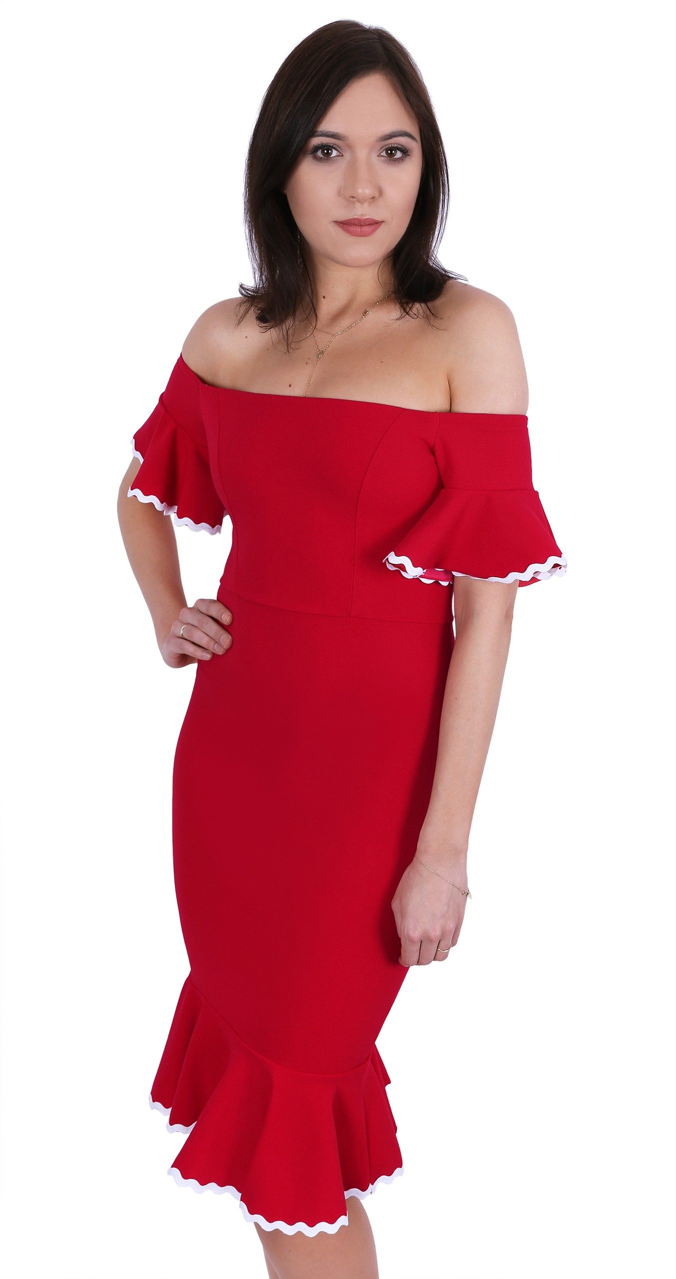 Midikleid Rotes Kleid, freie Schulter JOHN ZACK L