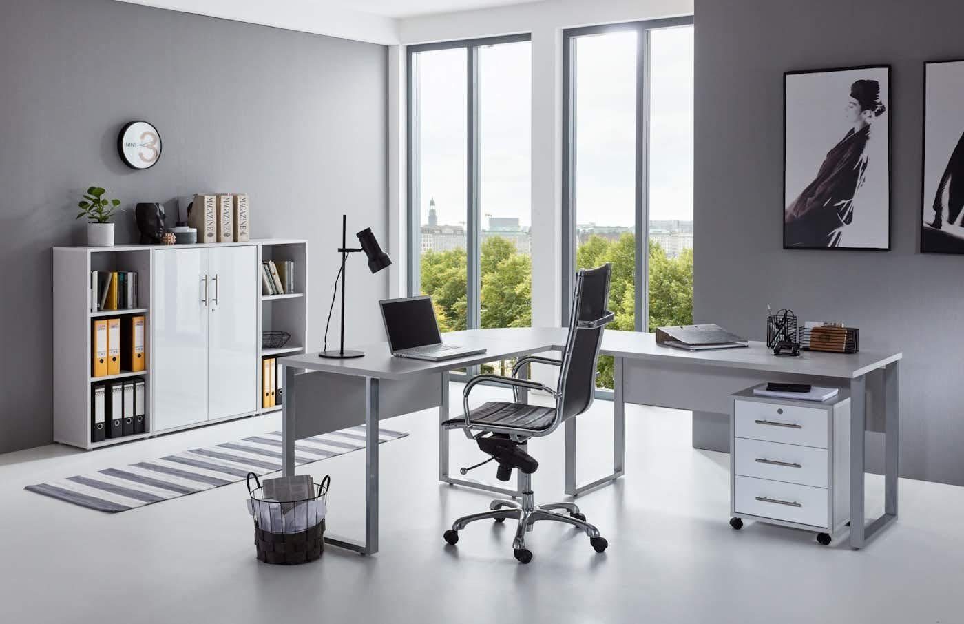 Büro-Set Hochglanz 2, Möbel (Set, 6-St) grau/weiß Office Tabor BMG