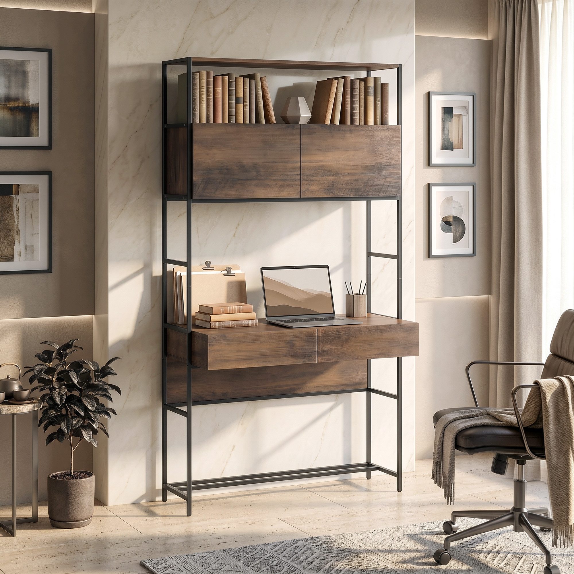 HOMCOM Schreibtisch Computertisch Bürotisch mit Regalen und Türen (Set, 1-St., 1 Tisch), für Homeoffice, Wohnzimmer, Braun