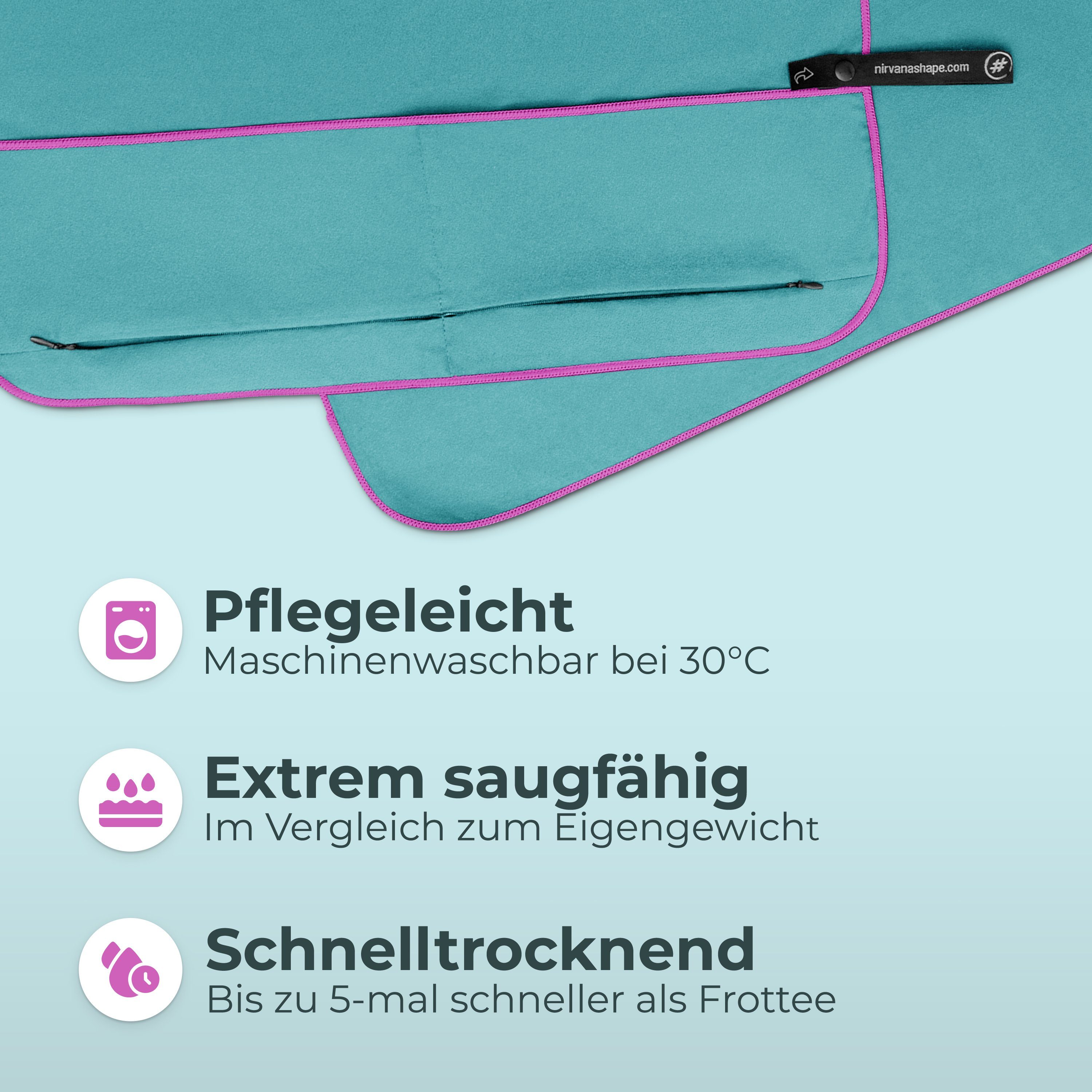 NirvanaShape Sporthandtuch Fitness-Handtuch mit Magnet-Clip, Mikrofaser Sporthandtuch, Microfaser, 2x Reißverschlusstaschen & Funktionaler Geräteüberzug, Ultra- – Bild 4 von 5