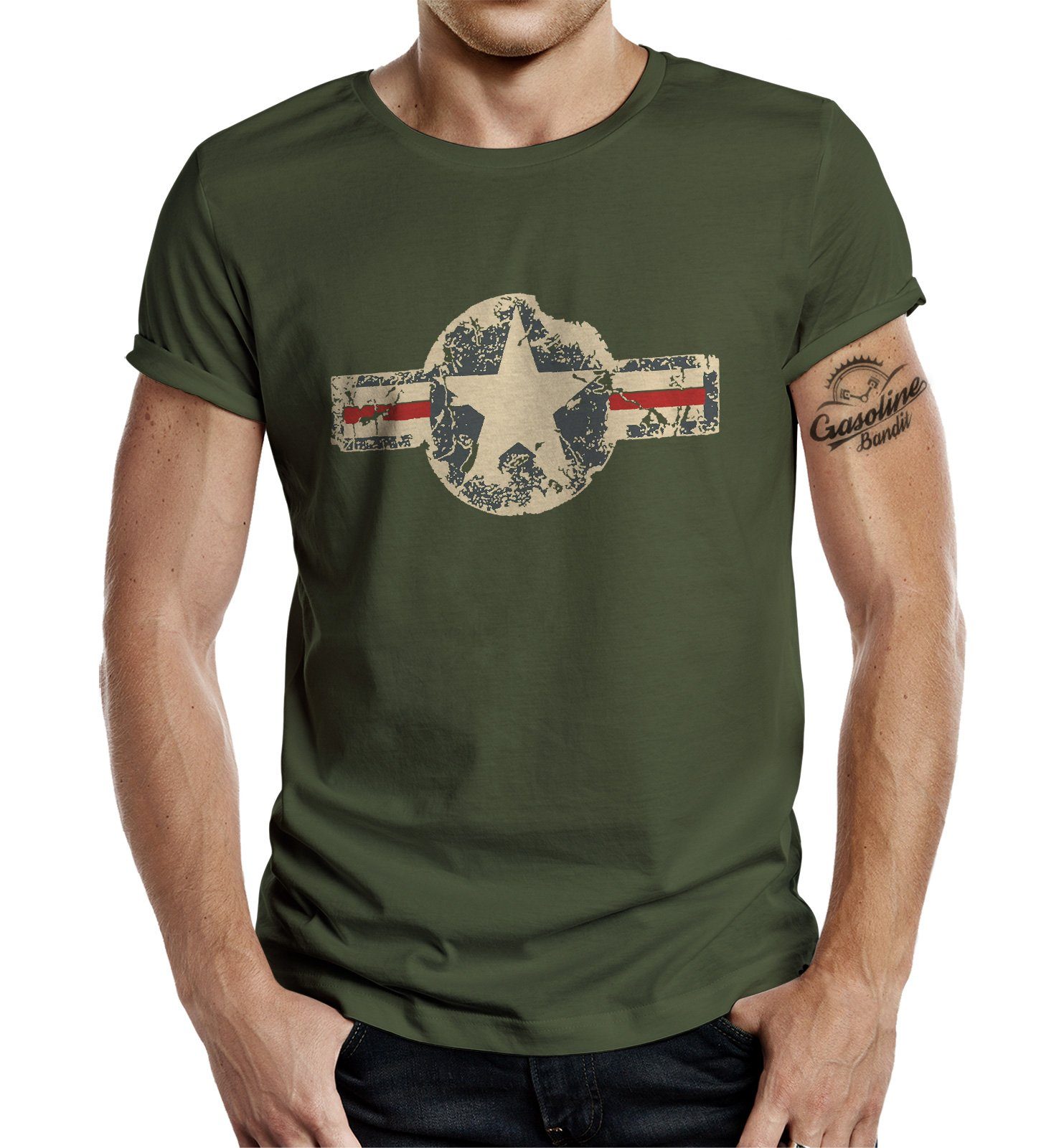 Look GASOLINE Oliv USAF BANDIT® US Army Military T-Shirt