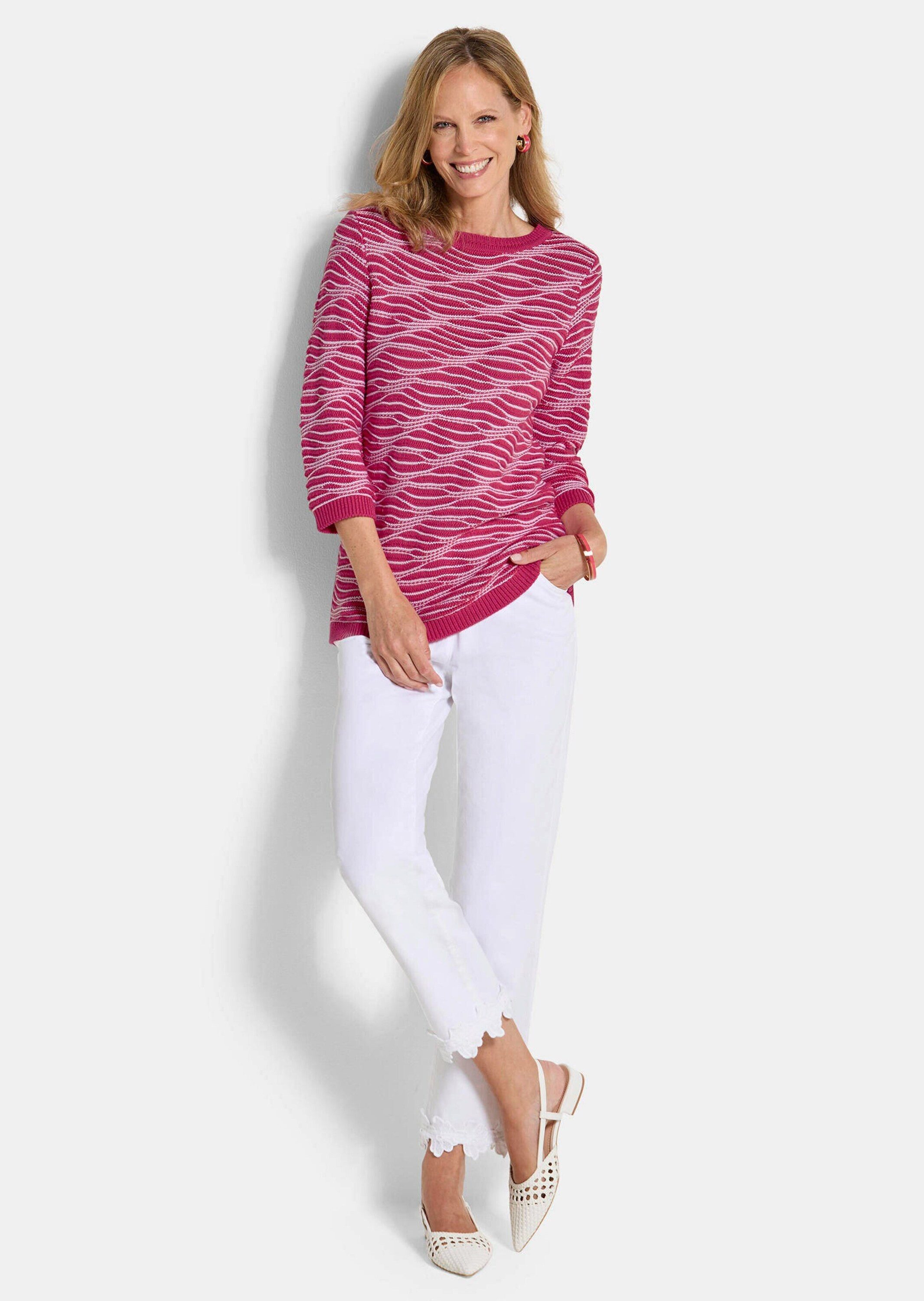 GOLDNER Strickpullover Kurzgröße: Baumwollpullover mit Wellenstruktur Strukturpullover mit U-Boot-Ausschnitt und 3/4-Arm