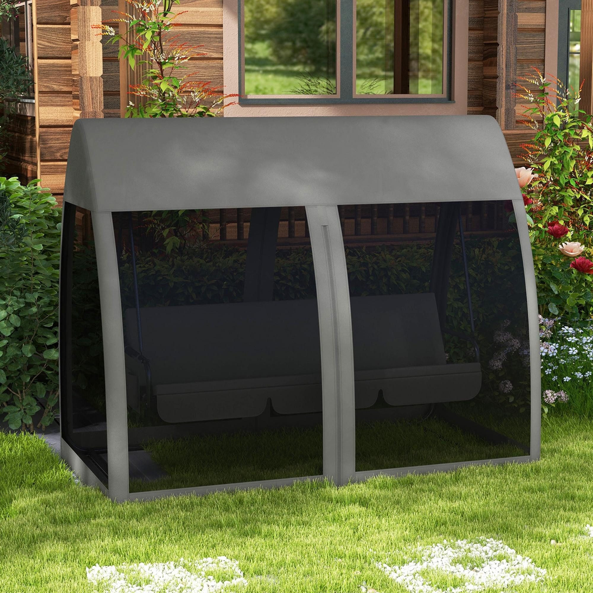 Outsunny Hollywoodschaukel Gartenschaukel mit Liegefunktion, Baldachin, Gartenliege, 3-Sitzer, Bettfunktion, 3-Sitzer Gartenschaukel, 1 tlg., Schaukelbank, für Garten, Terrasse, 240 x 140 x 197 cm, Grau