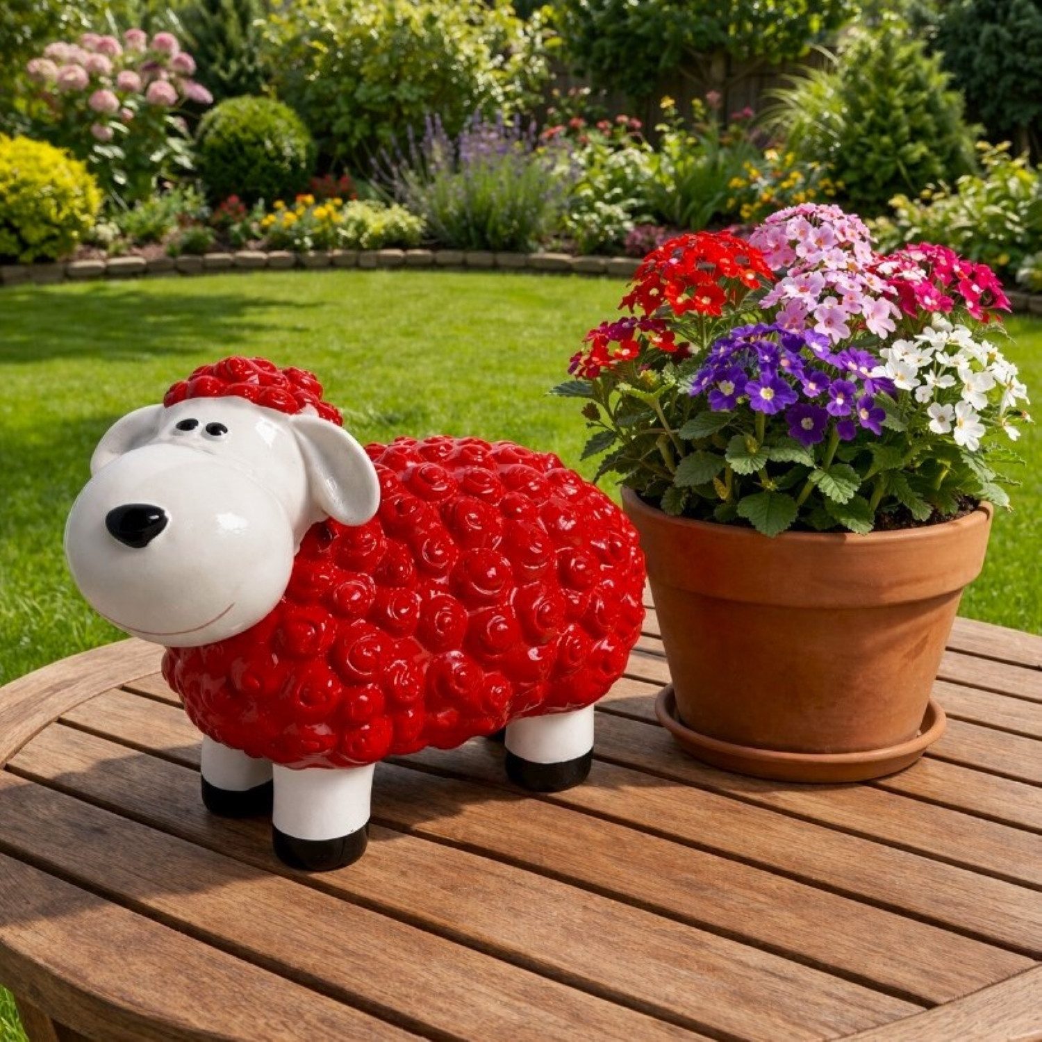 Online-Fuchs Gartenfigur für draußen - lustiges Schaf, rot - Deko Figuren - 20 cm groß, (wetterfest, süßes Lächeln für Ihre Gäste), bunte Dekoration im Garten für Frühling, Sommer und Herbst