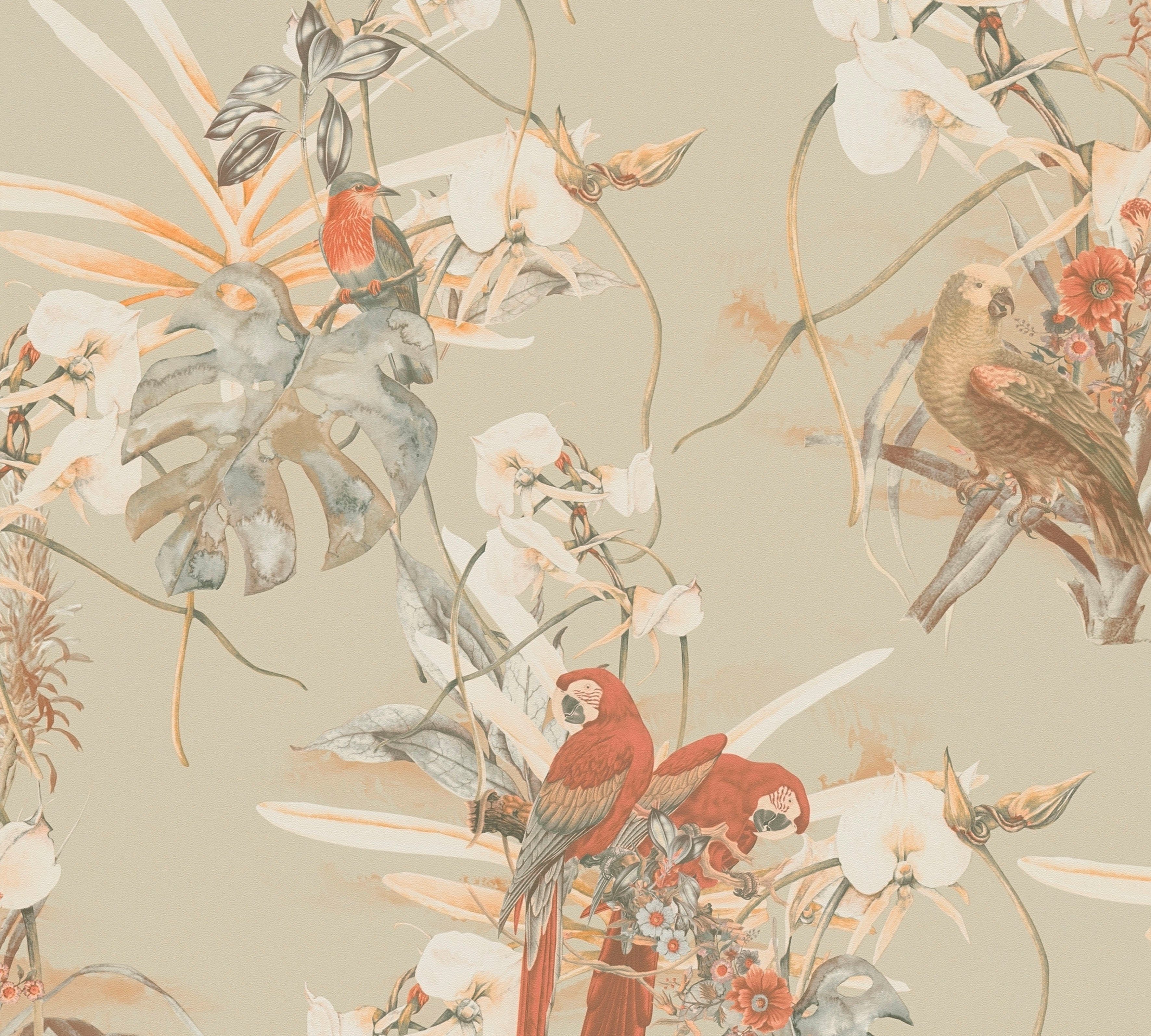 Floral, Blätter Création St), Papagei Vliestapete orange/beige/weiß glatt, matt, A.S. PintWalls (1