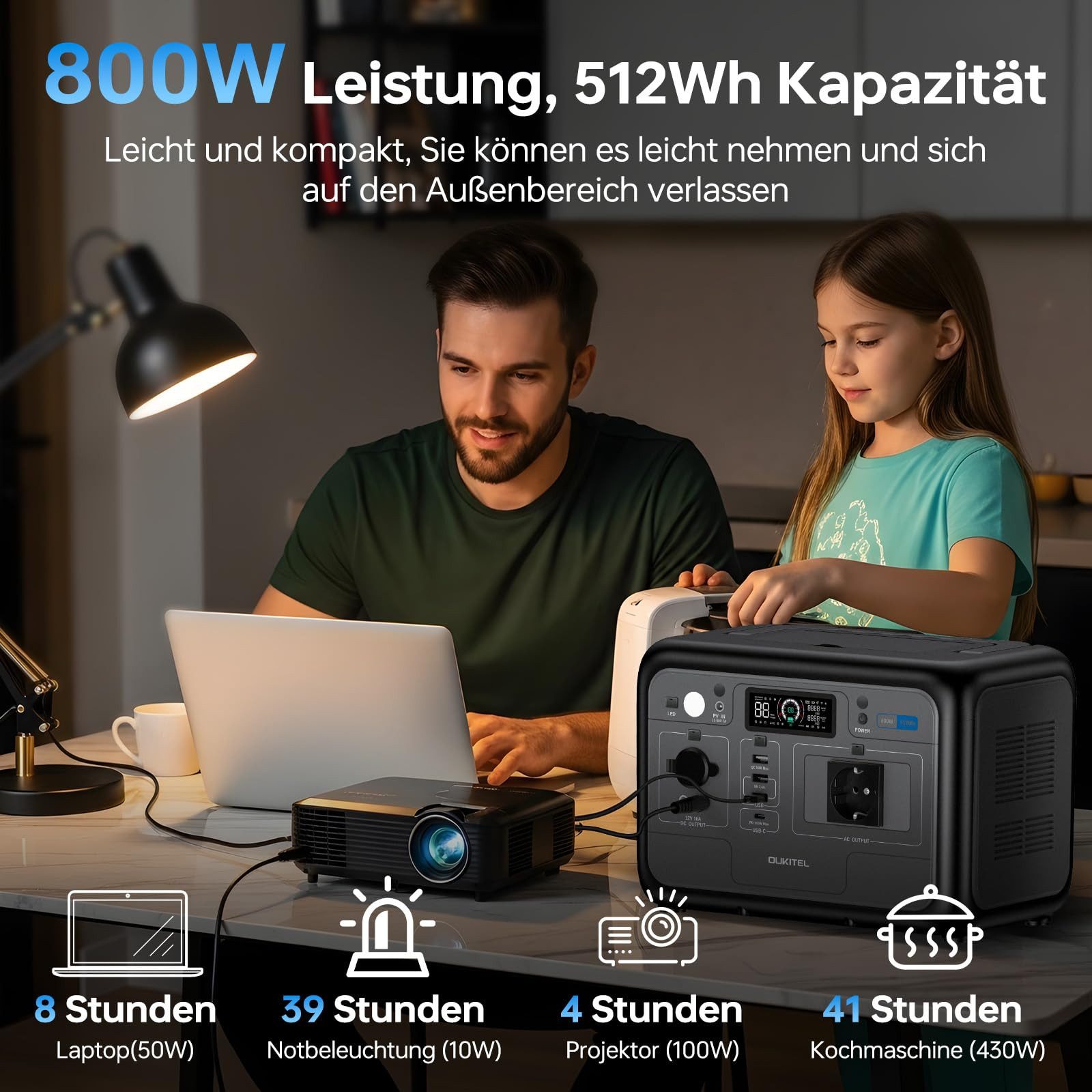 OUKITEL Stromerzeuger P800E 800W/512Wh Tragbare Powerstation, 0,8 in kW, (LiFePO4 Batterie mit 800W (1600W Peak) AC Ausgängen, Mit 100W Solarpanel), PD 100W, für Camping, Reise, Stromausfall