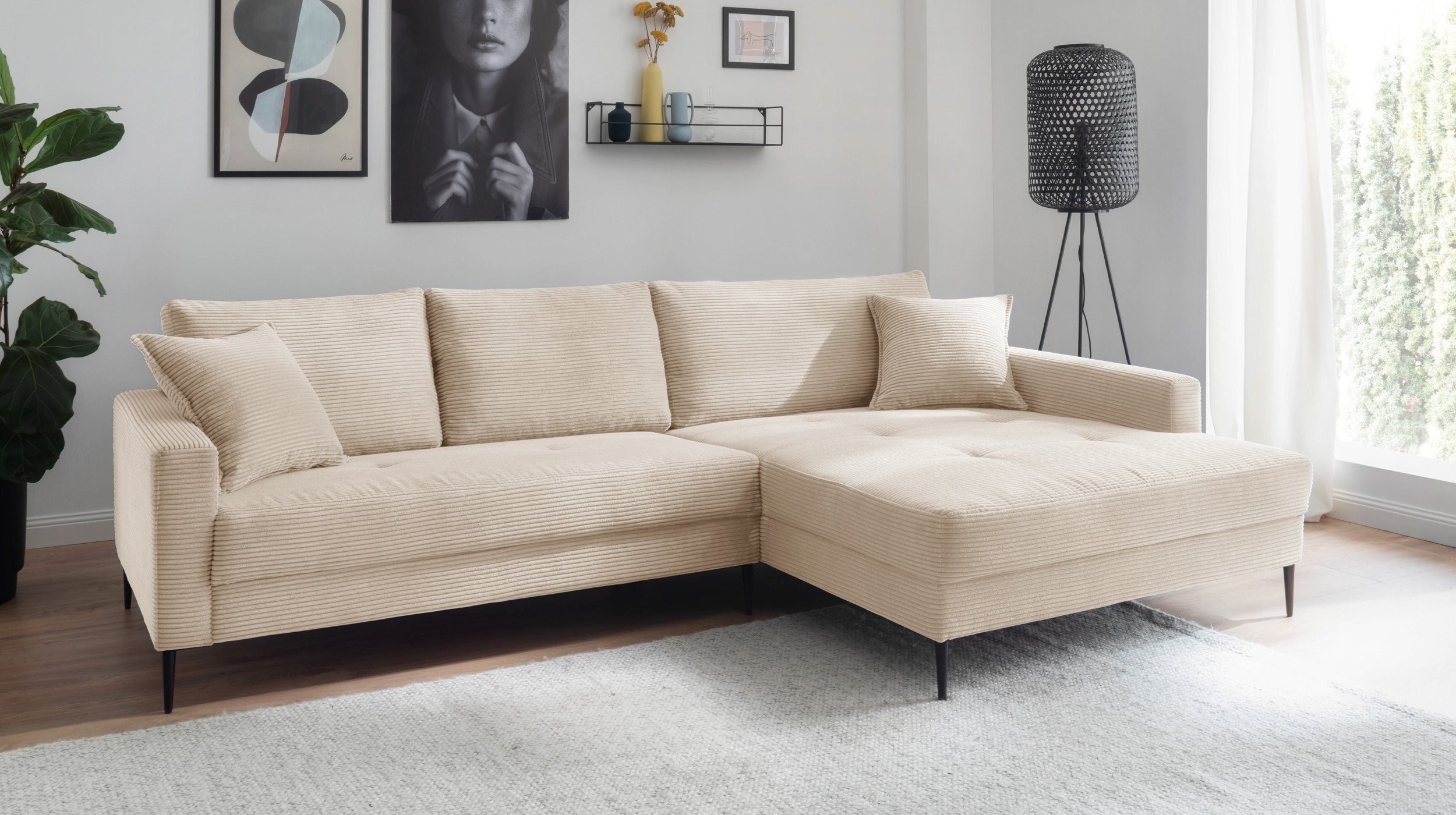 Massivart® Ecksofa SUMMER Cord creme / 276 cm, Cordsofa, Nosagunterfederung, schwarze Metallbeine