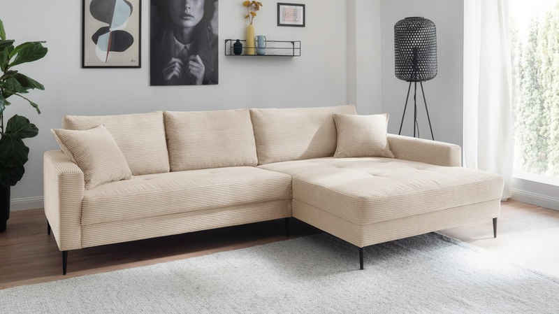 Massivart® Ecksofa SUMMER in Cord creme / 276 cm, Cordsofa, Nosagunterfederung, schwarze Metallbeine