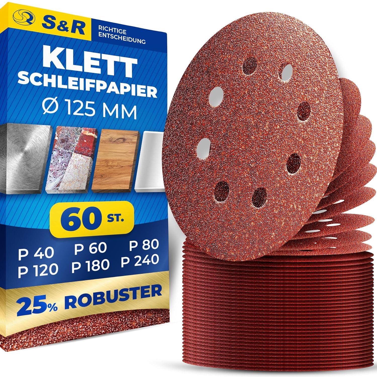 S&R Schleifpapier Klett, Set 125 mm, Meister, für Exzenterschleifer Ø 125 mm, (Set, 60 St., 10 x Körnungen P40, P60, P80, P120, P180, P240), besonders dichter Faser-Rückseite für zuverlässigen Halt