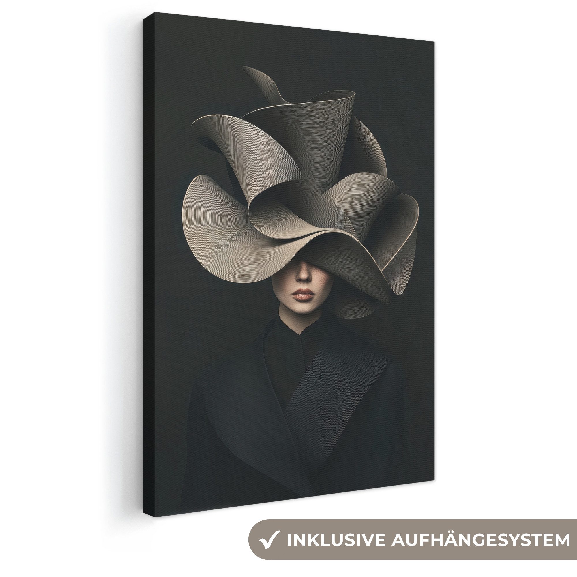 OneMillionCanvasses® Leinwandbild Schwarz - Hut - Frau, Fotodruck (1 St), Leinwand Canvas Wandbild, Wanddekoration 20x30 cm
