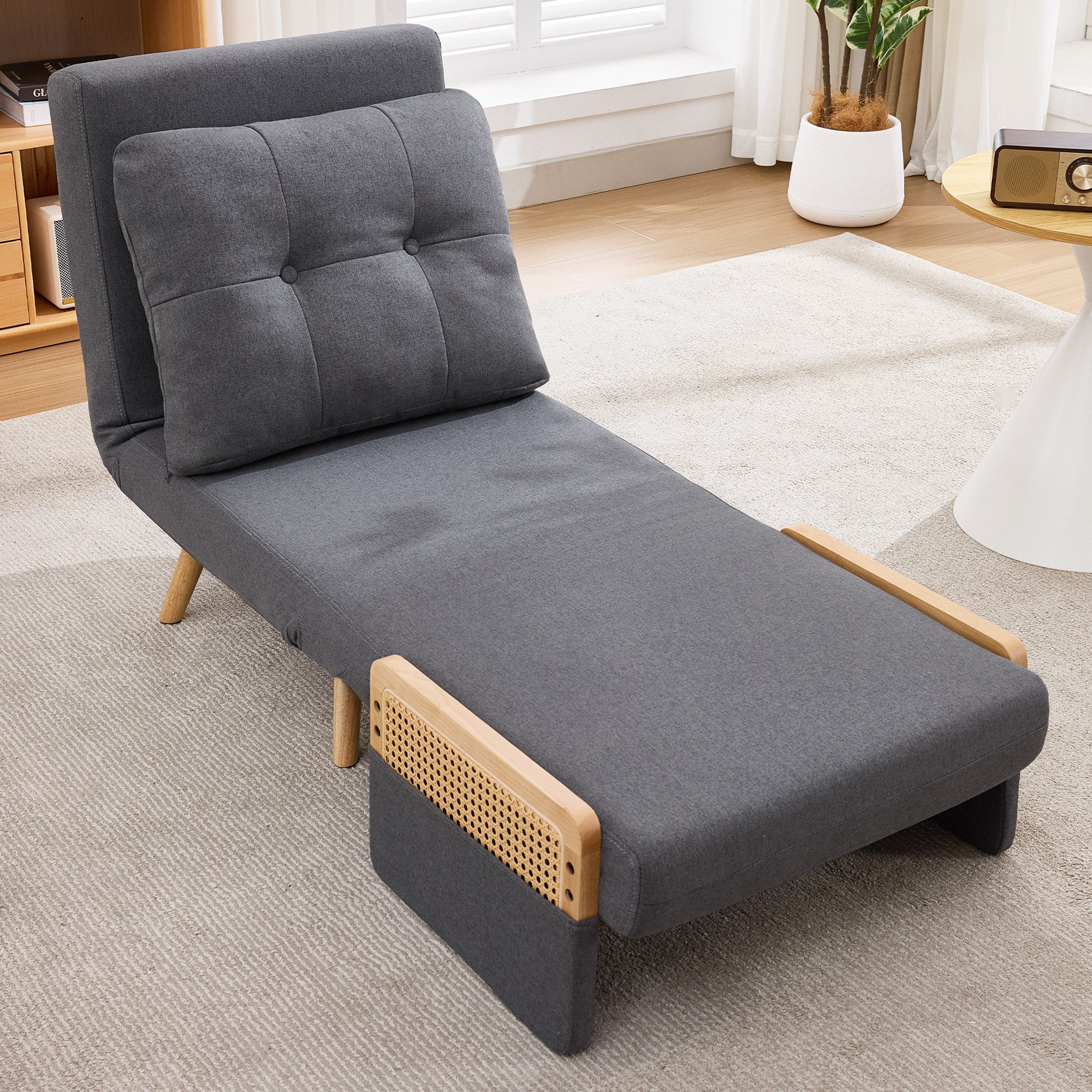 HAUSS SPOLE Relaxsessel mit Rückenlehne,Loungesessel als Einzelbett mit Schlaffunktion,Grau (3-in-1 Schlafsessel mit Schlaffunktion,Loungesessel mit 5-fach verstellbare Rückenlehne: 90°, 112°, 135°, 158°, 180), Gästebett, Klappsessel