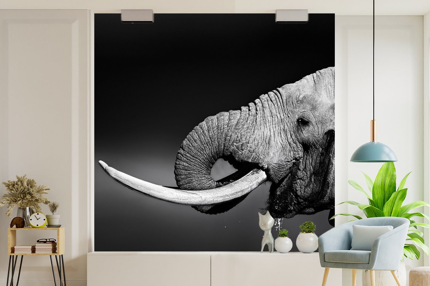 MuchoWow Fototapete Elefant (4 Küche, - St), - Vliestapete für Fototapete Weiß, Schwarz Matt, Wasser Schlafzimmer - Tiere bedruckt, - Wohnzimmer