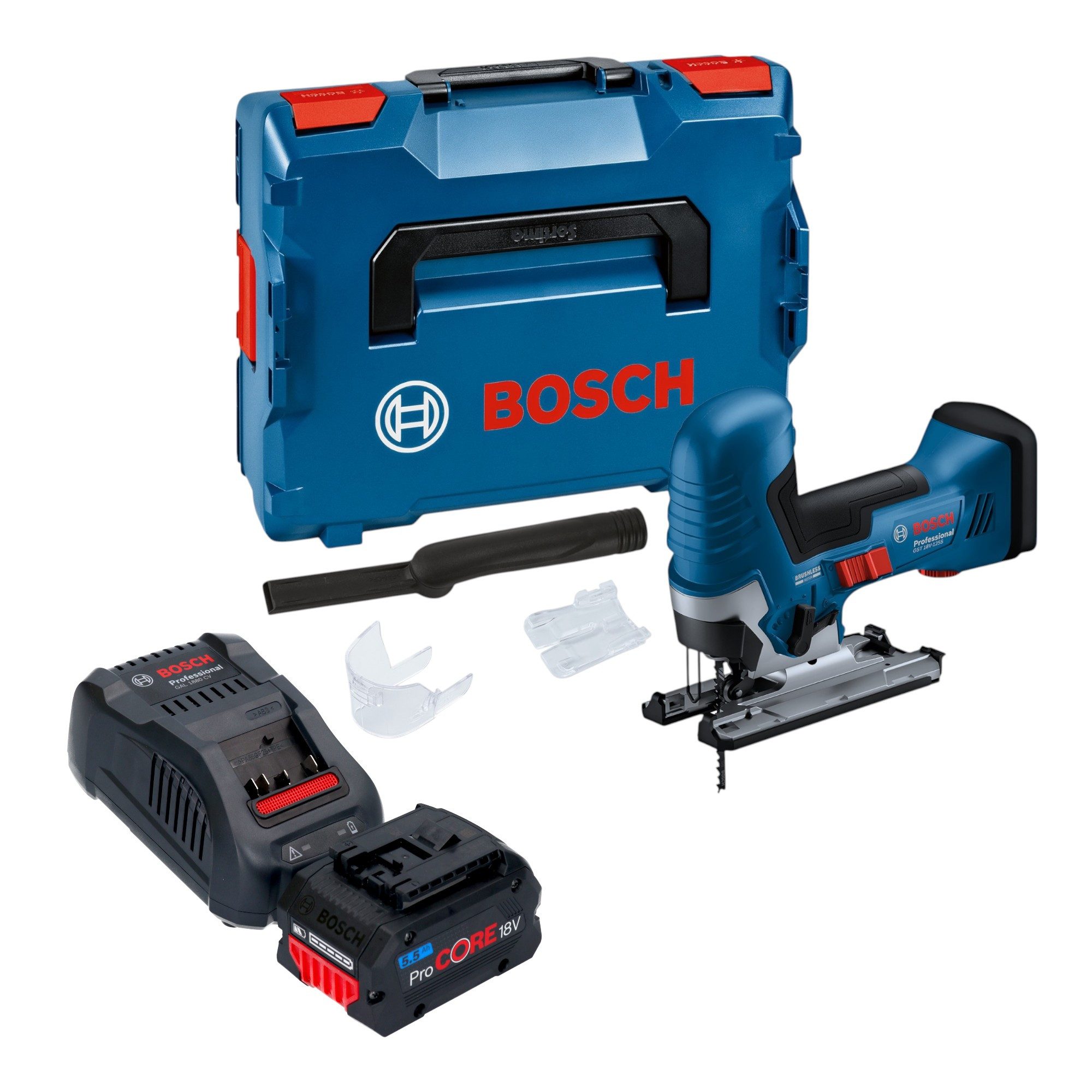 Bosch Professional Stichsäge GST 18V-125 S 18 V + 1x ProCORE Akku 5,5 Ah + Lader + L-Boxx