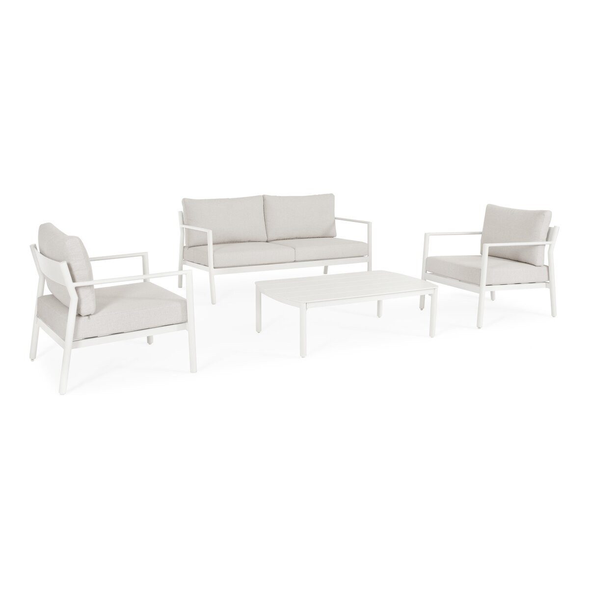 Feeling4Home Gartenlounge-Set 4er Sirius - Aluminium Off-White & Polyester-Stoff Grau, Hochwertig gepolstert, hoher Sitzkomfort