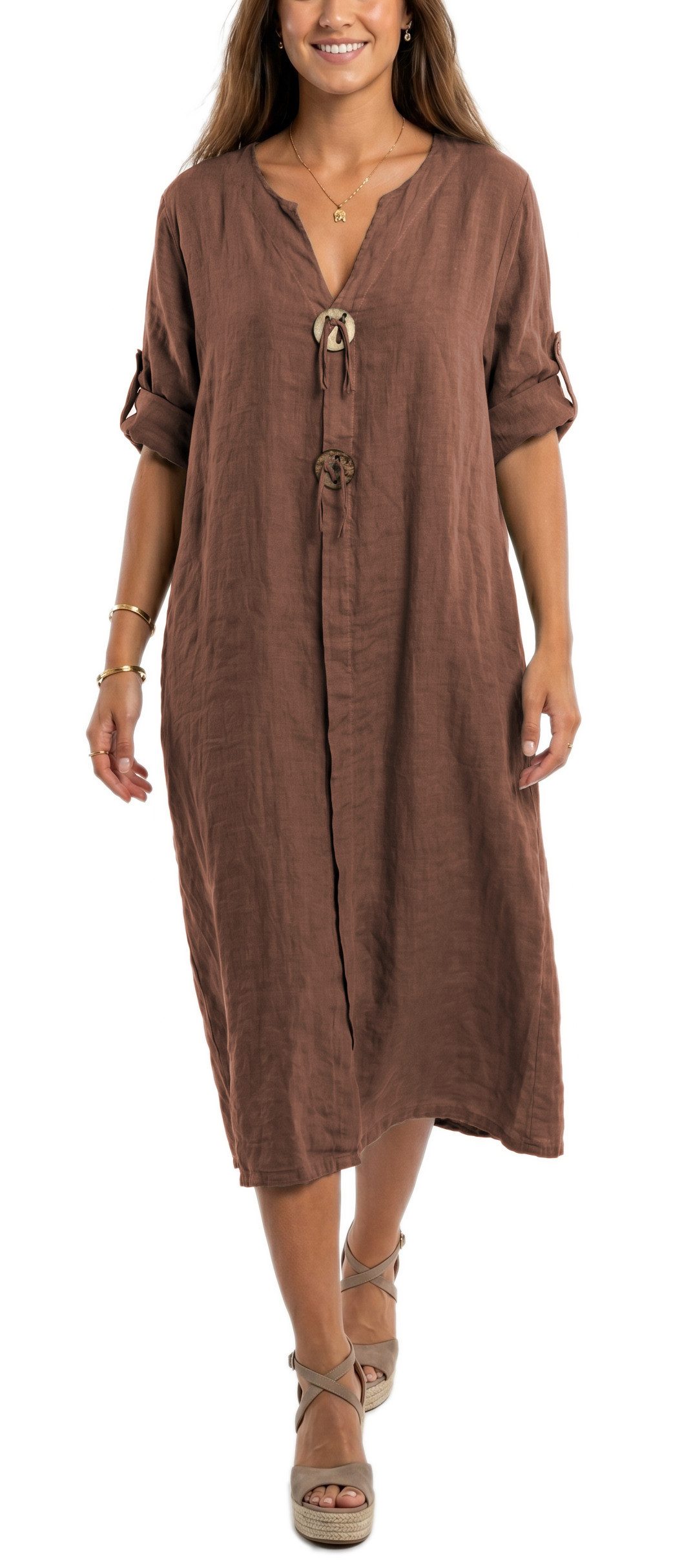 dy_mode Hemdblusenkleid Damen Leinenkleid Midi Hemdblusenkleid mit V-Ausschnitt Freizeitkleid in Unifarbe, V-Ausschnitt, mit seitlichen Eingriffstaschen