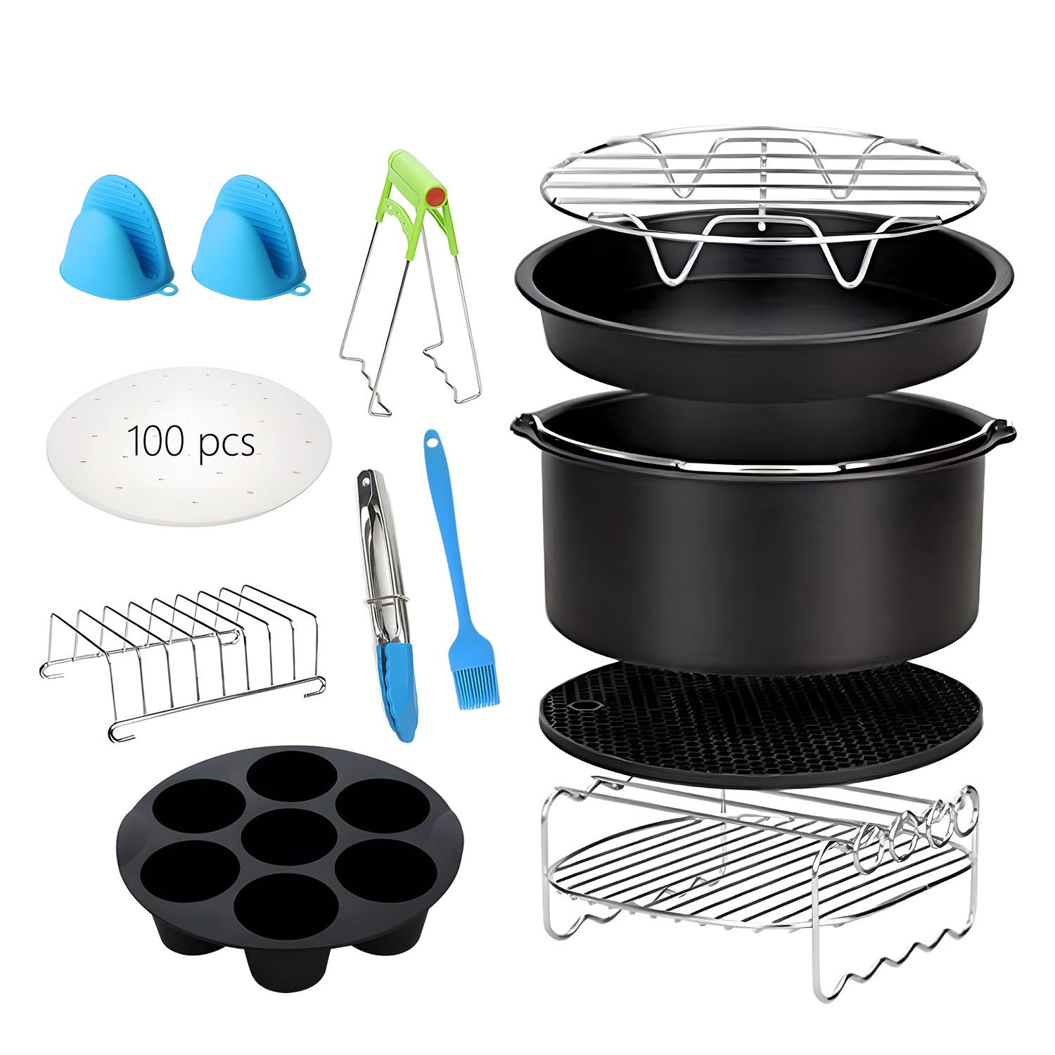 OSTWOLKE Küchenmaschinen Zubehör-Set 12tlg für Heißluftfritteuse Fritteuse Heißluftofen Airfryer Backform