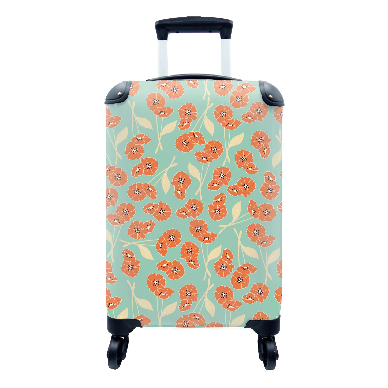 MuchoWow Handgepäckkoffer Retro - Blumen - Design - Orange, 4 Rollen, Reisetasche mit rollen, Handgepäck für Ferien, Trolley, Reisekoffer