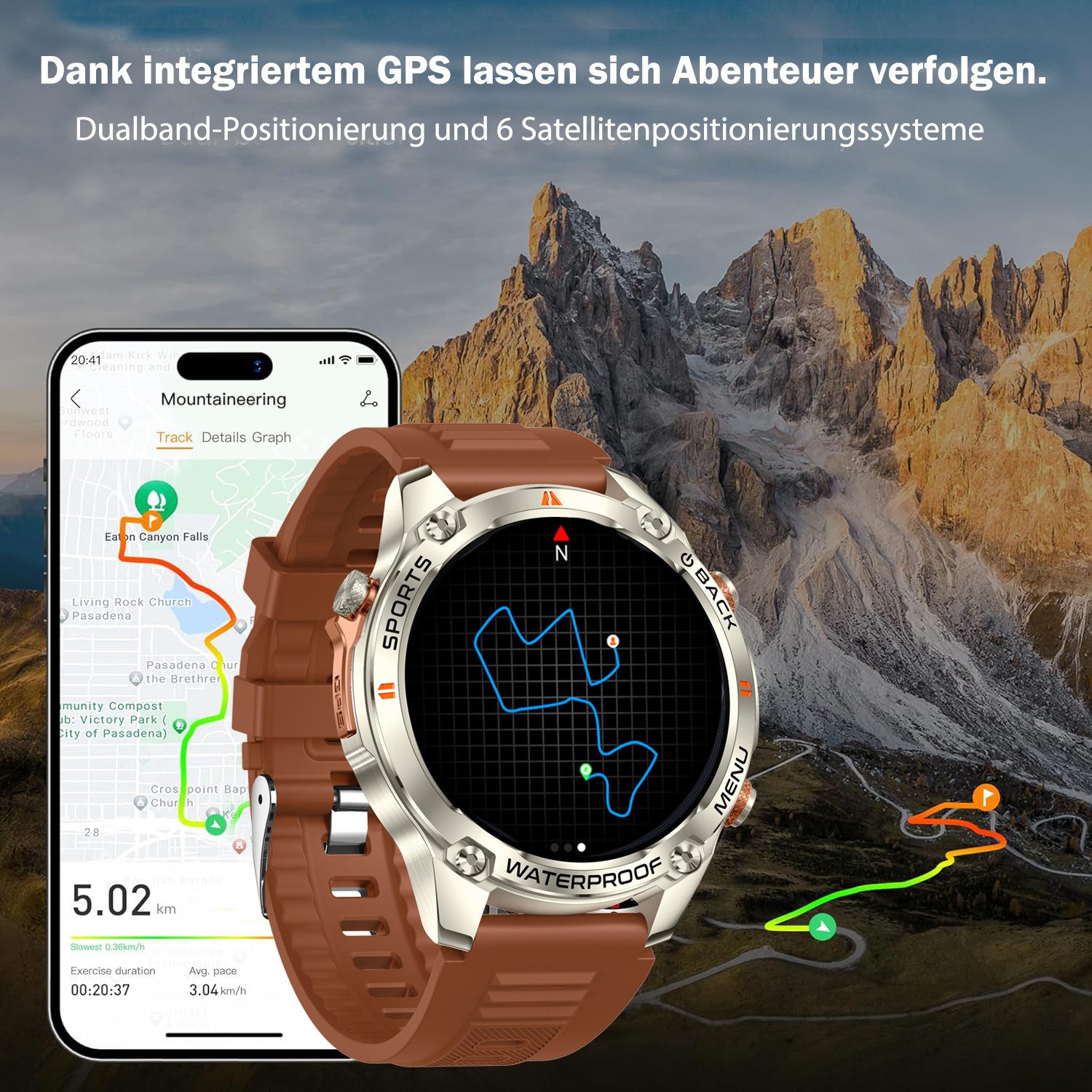 ANYSUN Smartwatch Herren Damen mit GPS, 1,43" AMOLED für den Outdoor-Einsatz Smartwatch (1,43 Zoll) Sportuhr mit 100+ Sportmodi-Puls-Schlaf-Schritte-Kalorien-Kilometer-Monitor, 5 ATM wasserdicht Fitnessuhr für Android iOS braun