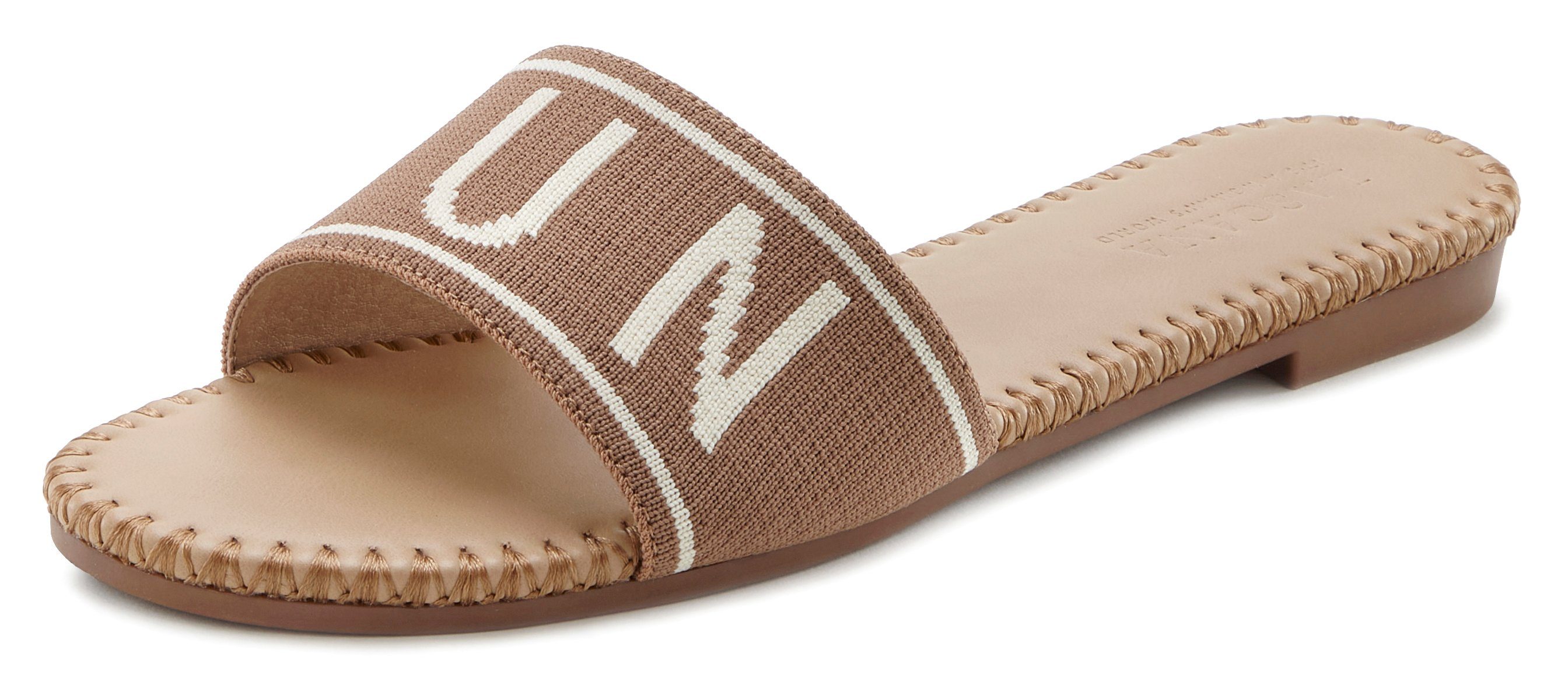 Textil Schriftzug VEGAN mit Pantolette offener modischem taupe LASCANA Schuh Sandale, Mule, aus