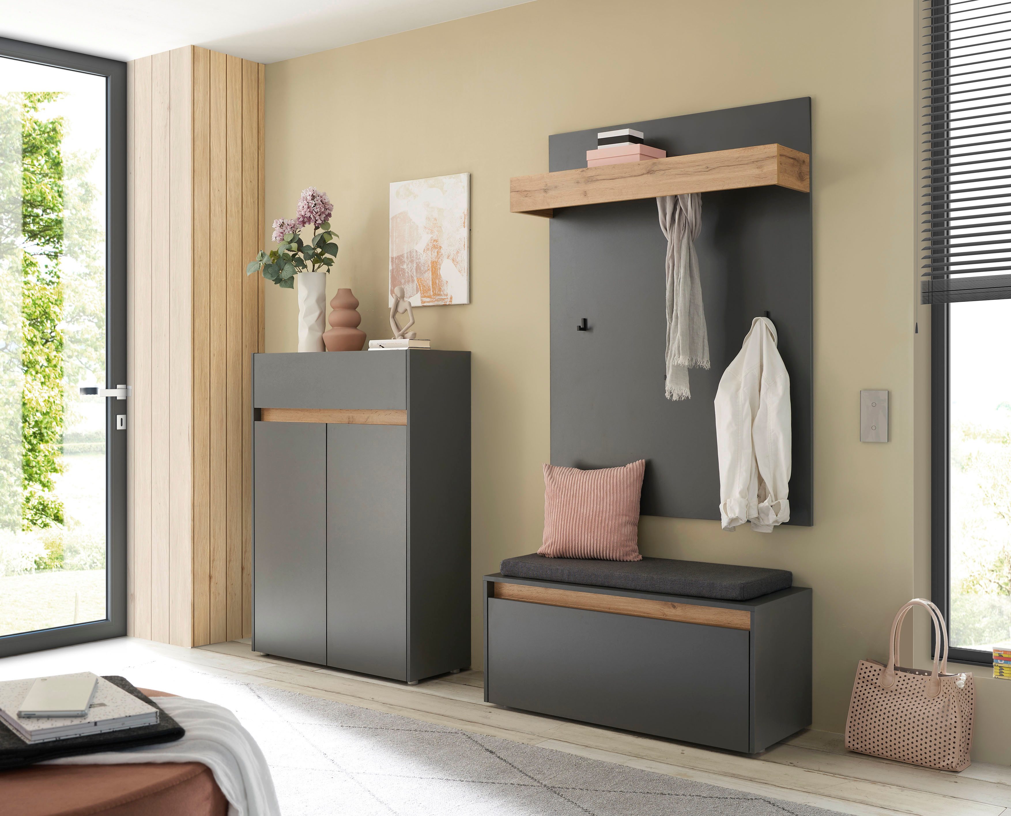 Home affaire Garderoben-Set City/Giron, moderne Garderobe, viel Stauraum, ca. 24 Schuhe, (Set, 3-St), enthält Schuhschrank, Garderobenpaneel & Garderobenbank mit Sitzkissen