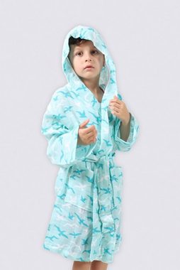 Ecocotton Kinderbademantel Kinder Bademantel TURNA TURQUISE aus 100% Bio Baumwoll-Musselin, Knielang, Bio-Baumwolle, Kapuze, Gürtel, mit Kapuze, besonders weich, sehr angenehm, Bio-Baumwolle