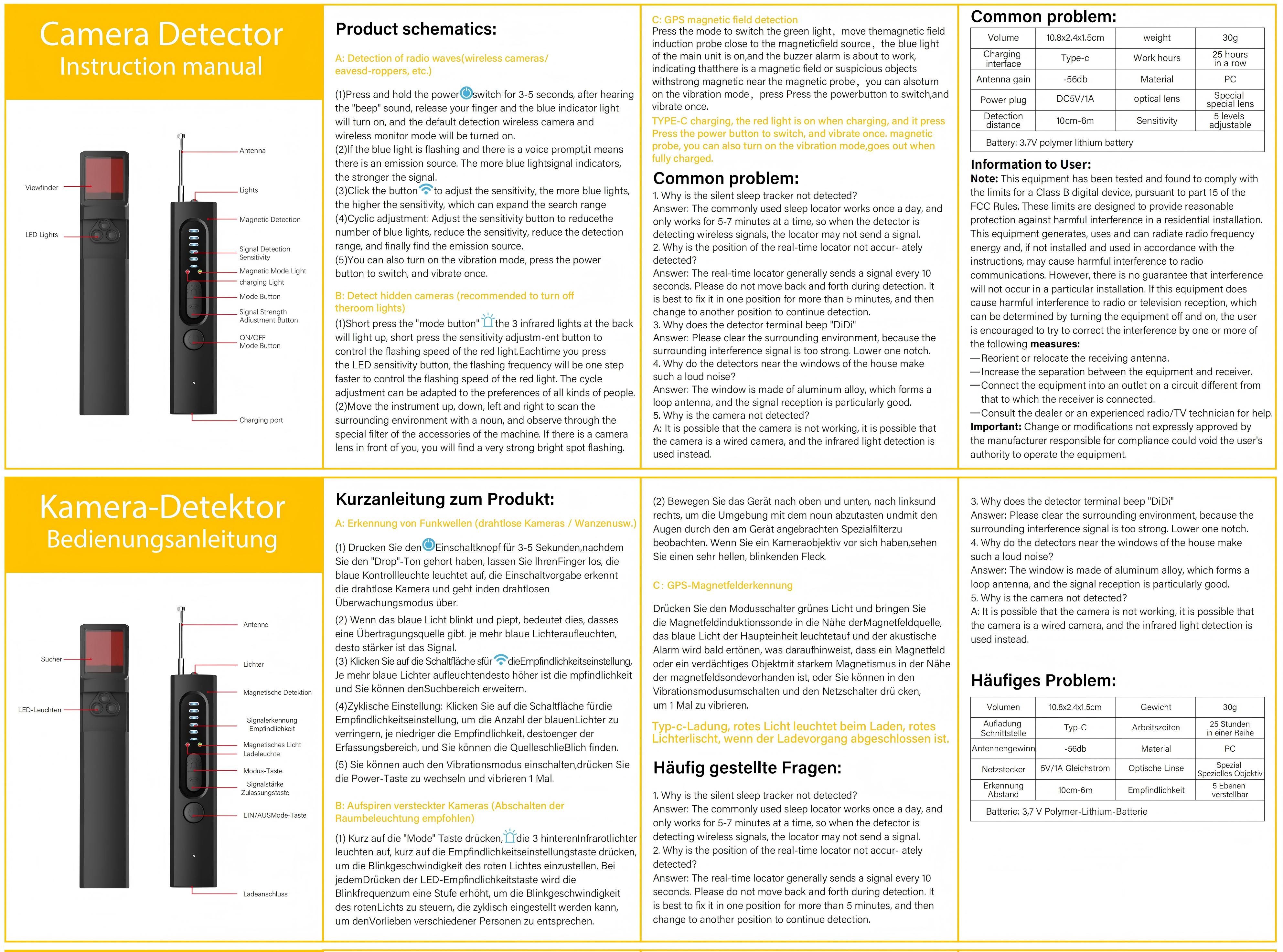 PRIISF Leitungsortungsgerät KAMERA AUFSPÜRGERÄT WANZEN FINDER DETEKTOR RF BUG-GSM GPS 1MHz-6500MHz, Versteckte Kameradetektoren Anti-Spionage-Detektor Käferdetektor, GPS RF-Signal-Detektor Abhörgerätedetektor 5 Stufen Empfindlichkeit, für Sicherheit zu Hause, im Büro, Hotel und auf Reisen