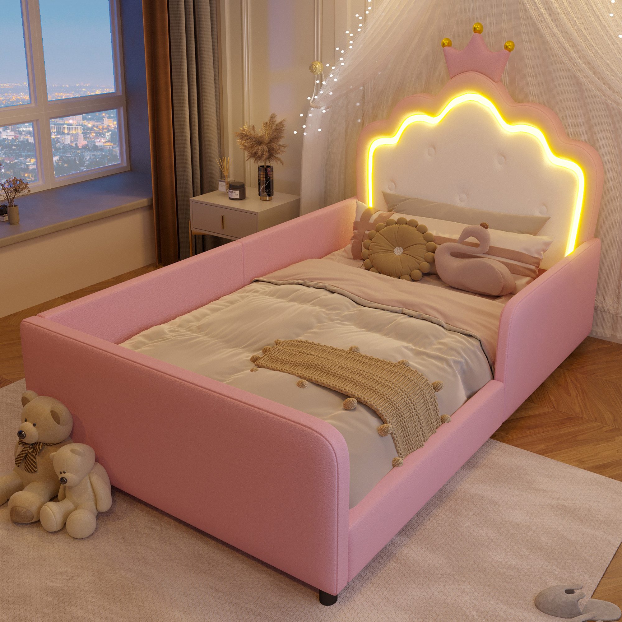 Flieks Polsterbett Prinzessinnenbett in Kronenform, Kinderbett 90x190cm mit LED-Lichtleiste und Sicherheitsgitter