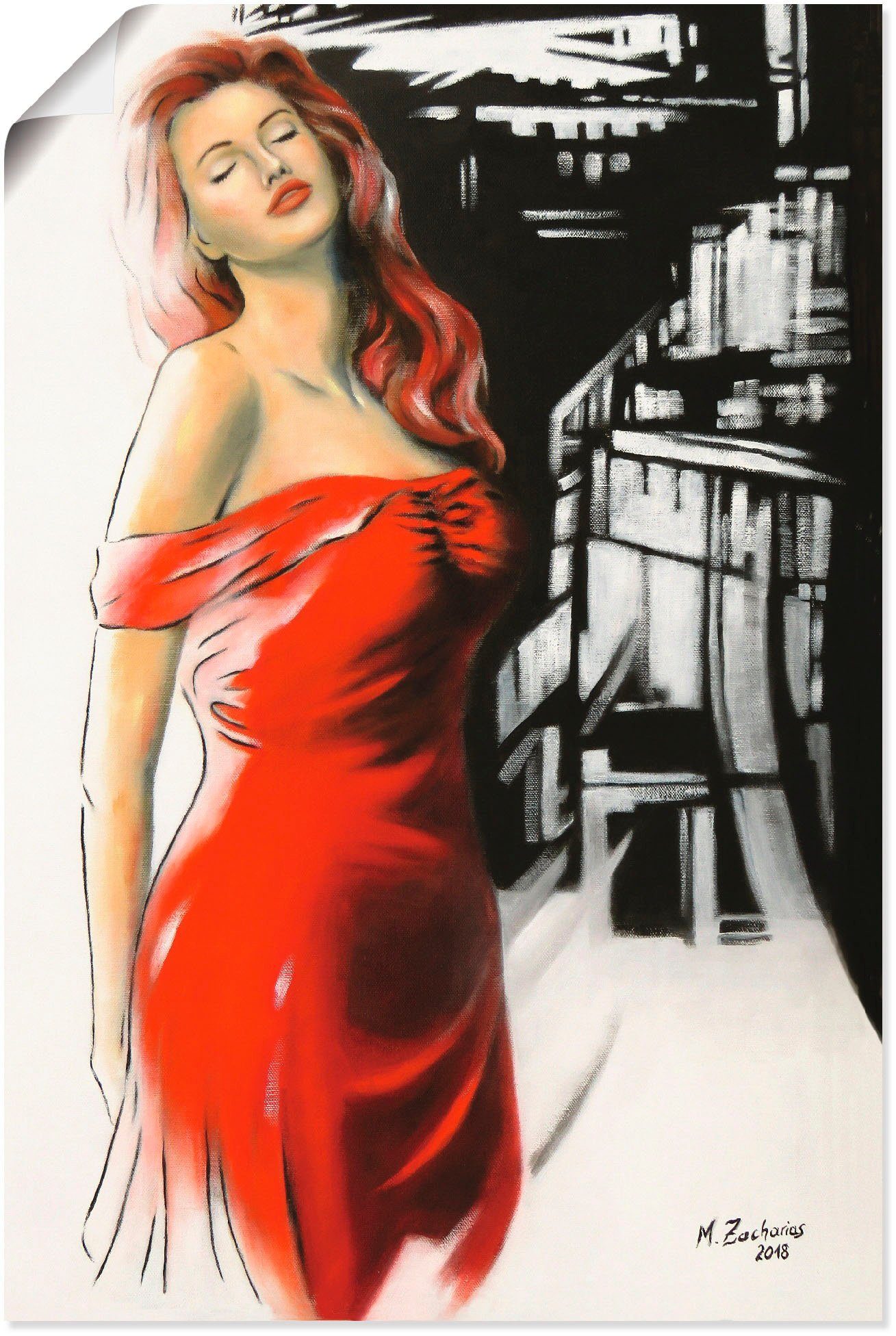 versch. im in als St), (1 Poster Wandaufkleber Kleid, oder Wandbild Schönheit Leinwandbild, Frau roten Artland Alubild, Größen