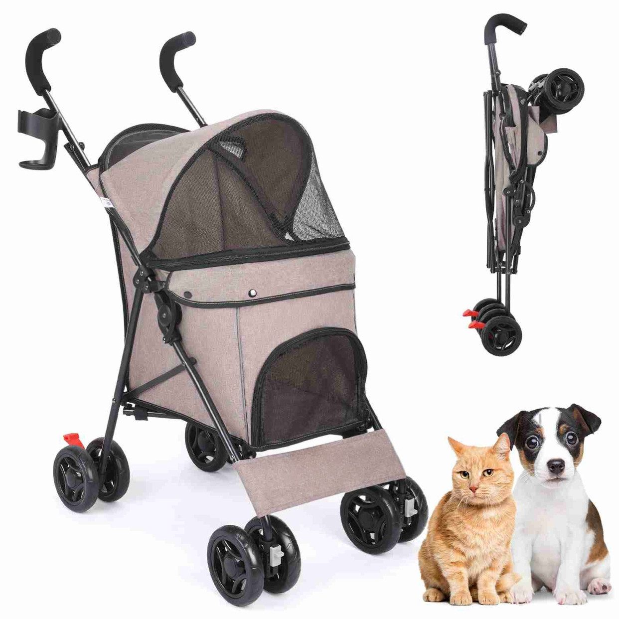 Super Solu Hundebuggy Klappbarer Hundewagen mit Netzfenstern für Hunde bis 15 kg, (Haustierwagen für kleine Hunde und Katzen, P07B, 1-tlg), Hell Braun, Pet Stroller, Feststellbremse, leicht und robust