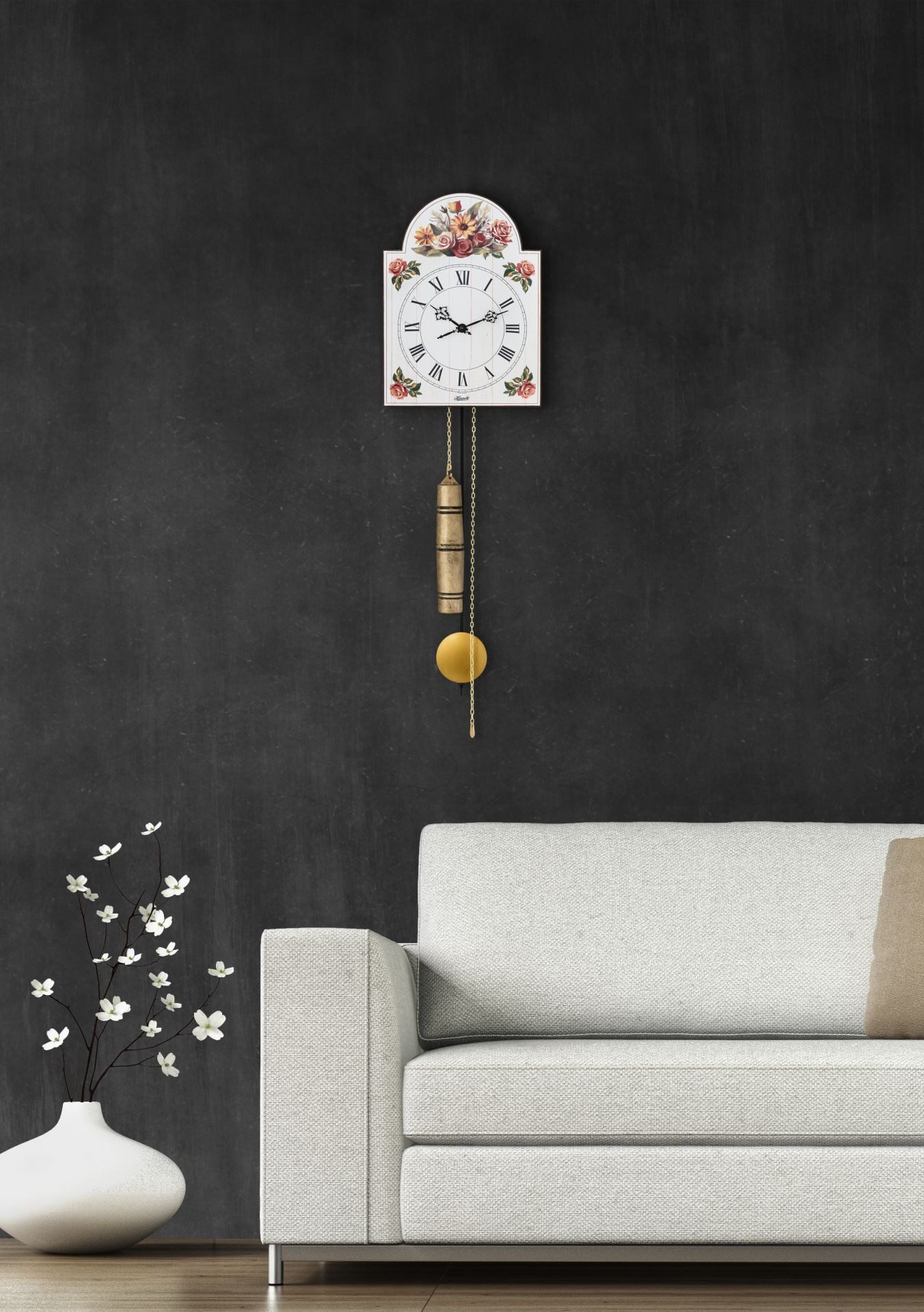 Hermle Pendelwanduhr Schilderuhr aus Holz mit blumigen Elementen, Zahlenbild römisch