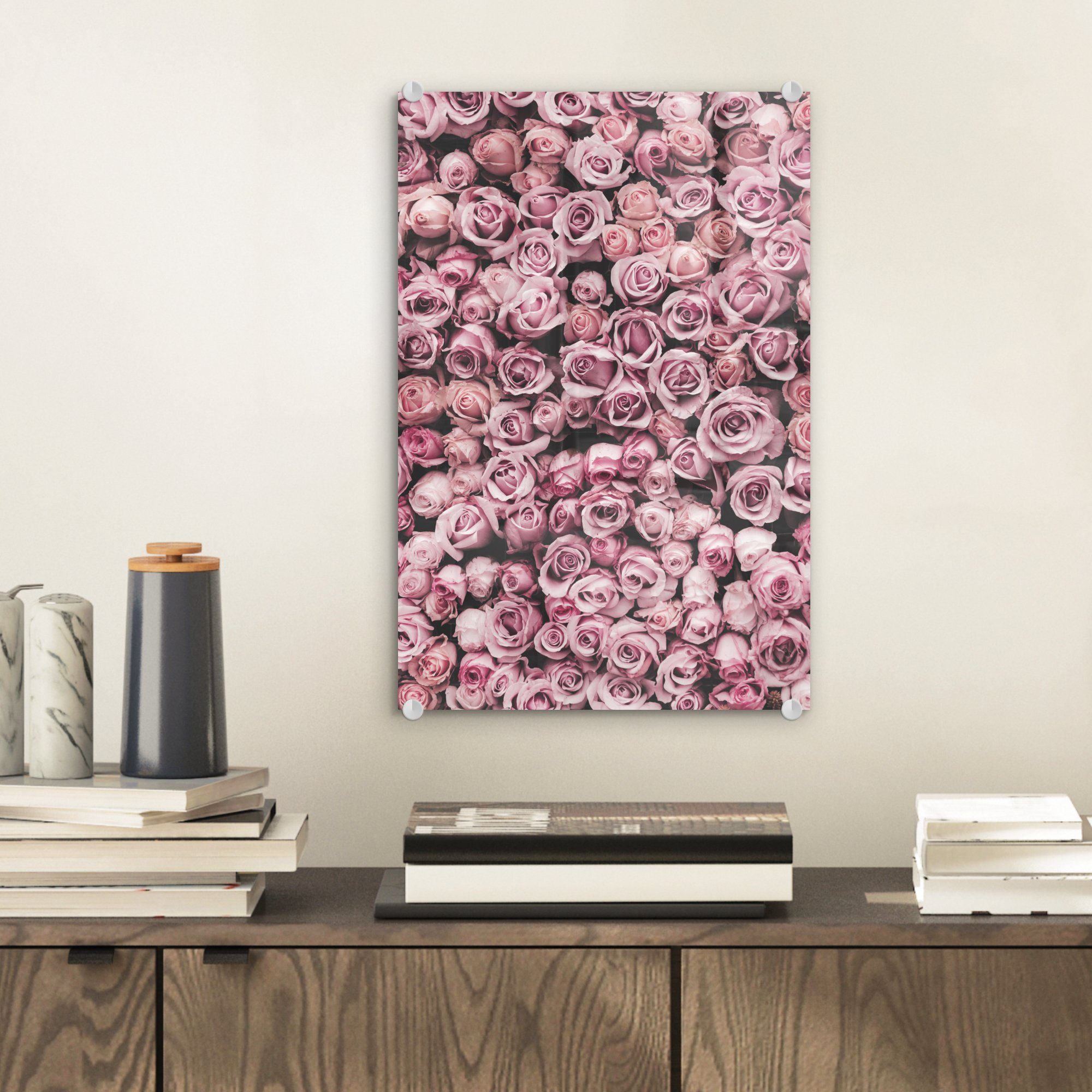 MuchoWow Acrylglasbild Blumen - Rosen - Natur - Rosa - Botanisch, Inkl. Aufhängung, Dekorative Bild für Küche & Wohnzimmer auf Glas, 20x30 cm
