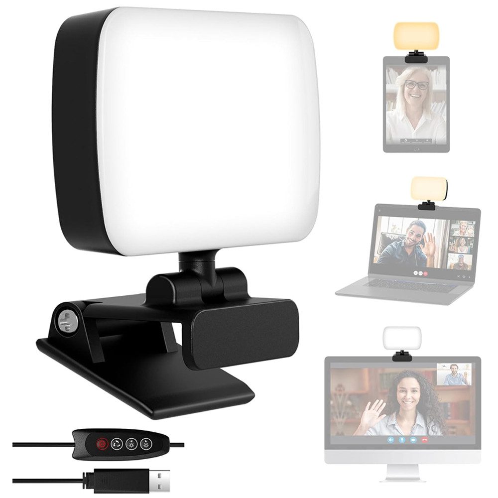 zggzerg Videoleuchte Videokonferenz Licht mit Clip & USB-Kabel, Webcam-Licht, 3 Lichtfarben, 120 LED+3000-6500K 10 Helligkeiten+360°Drehbar Beleuchtung Fotolicht