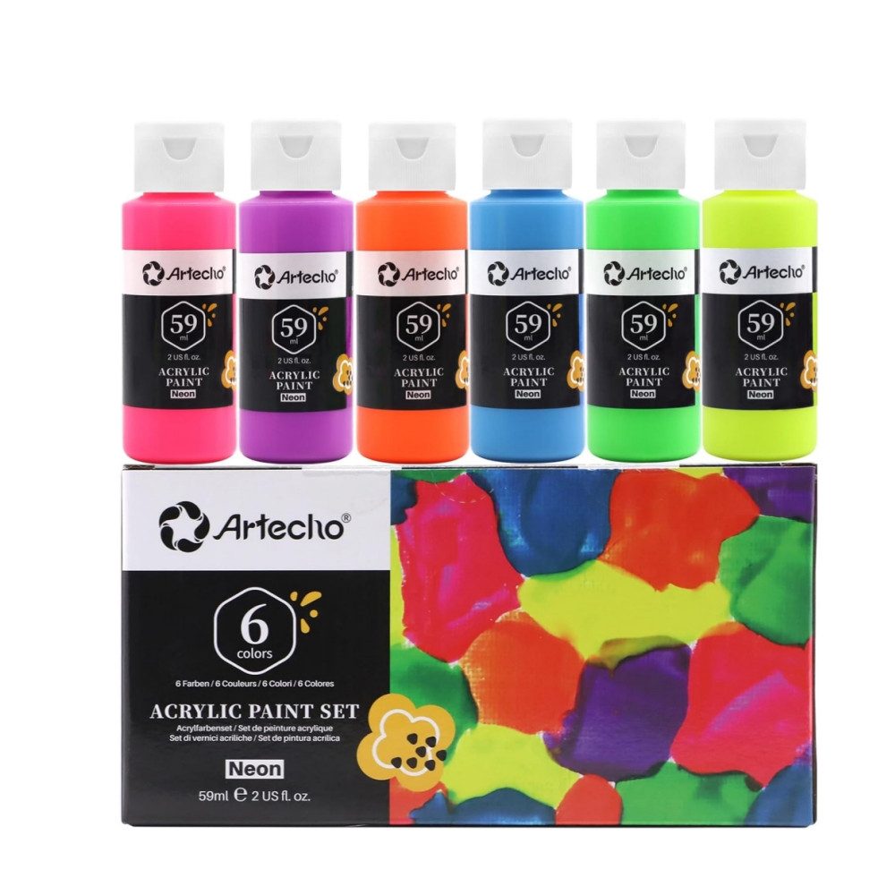 Artecho Acrylfarbe Neon Set 6 x 59 ml – Leuchtende, unter Schwarzlicht fluoreszierende, für Papier, Ton, Holz- Perfekt für kreative Malerei,Party & Halloween