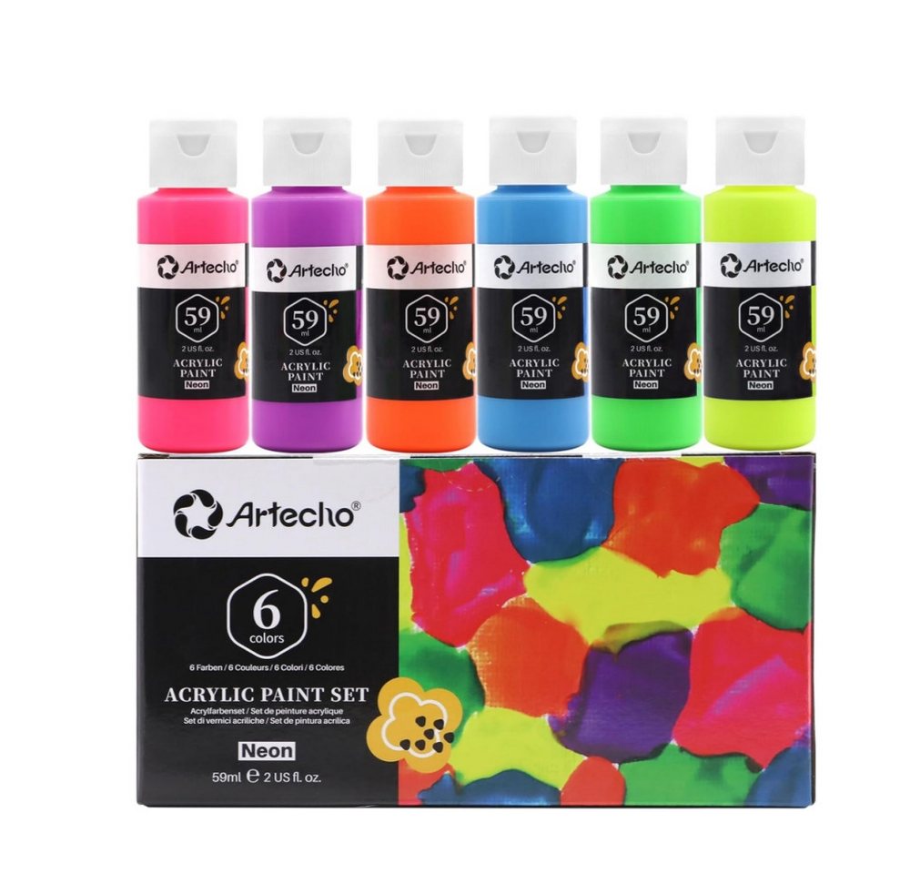 Artecho Acrylfarbe Neon Set 6 x 59 ml – Leuchtende, unter Schwarzlicht fluoreszierende, für Papier, Ton, Holz- Perfekt für kreative Malerei,Party & Halloween