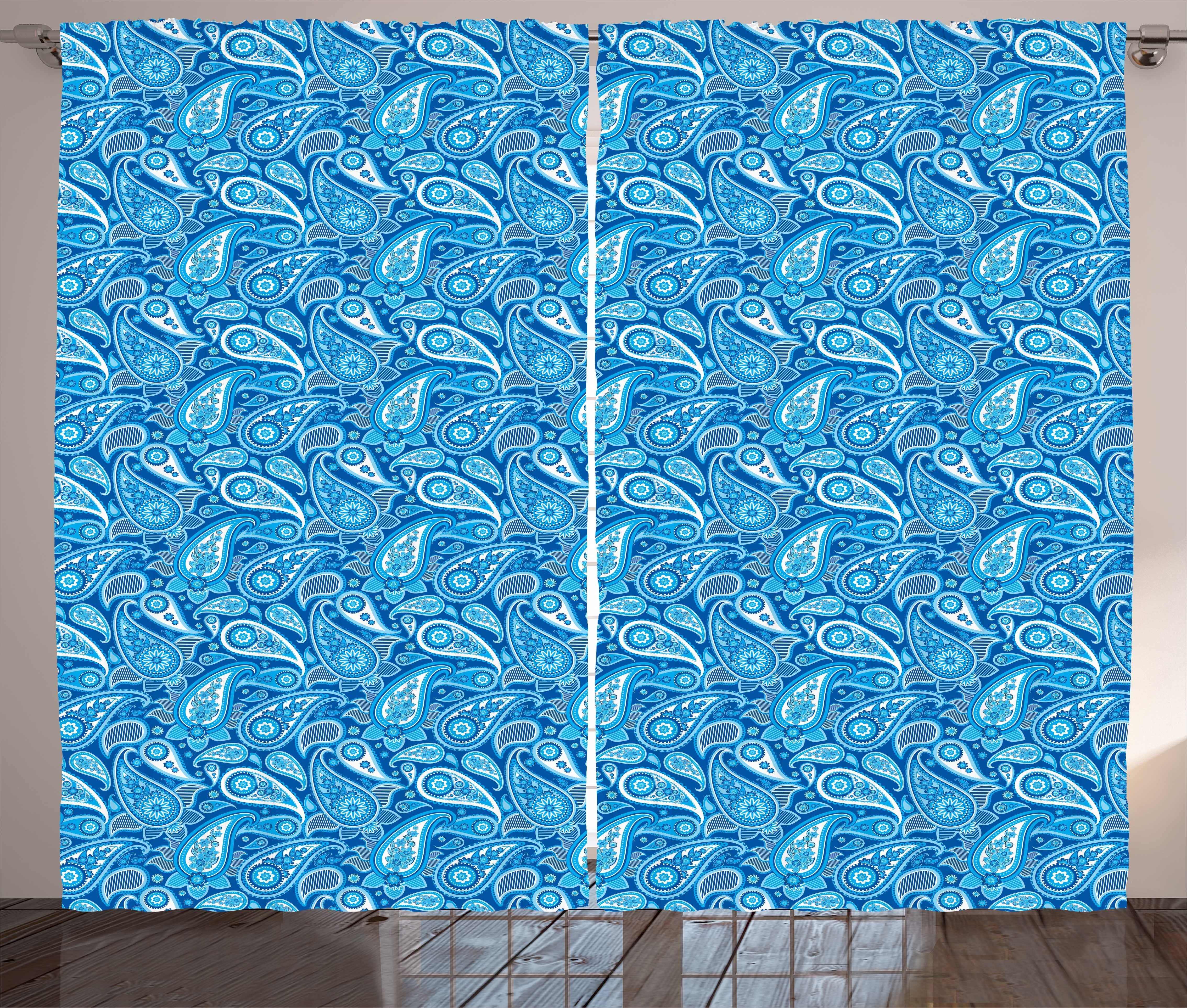 Gardine Schlafzimmer Kräuselband Vorhang mit Schlaufen und Haken, Abakuhaus, blau Paisley Buta Effect Motive