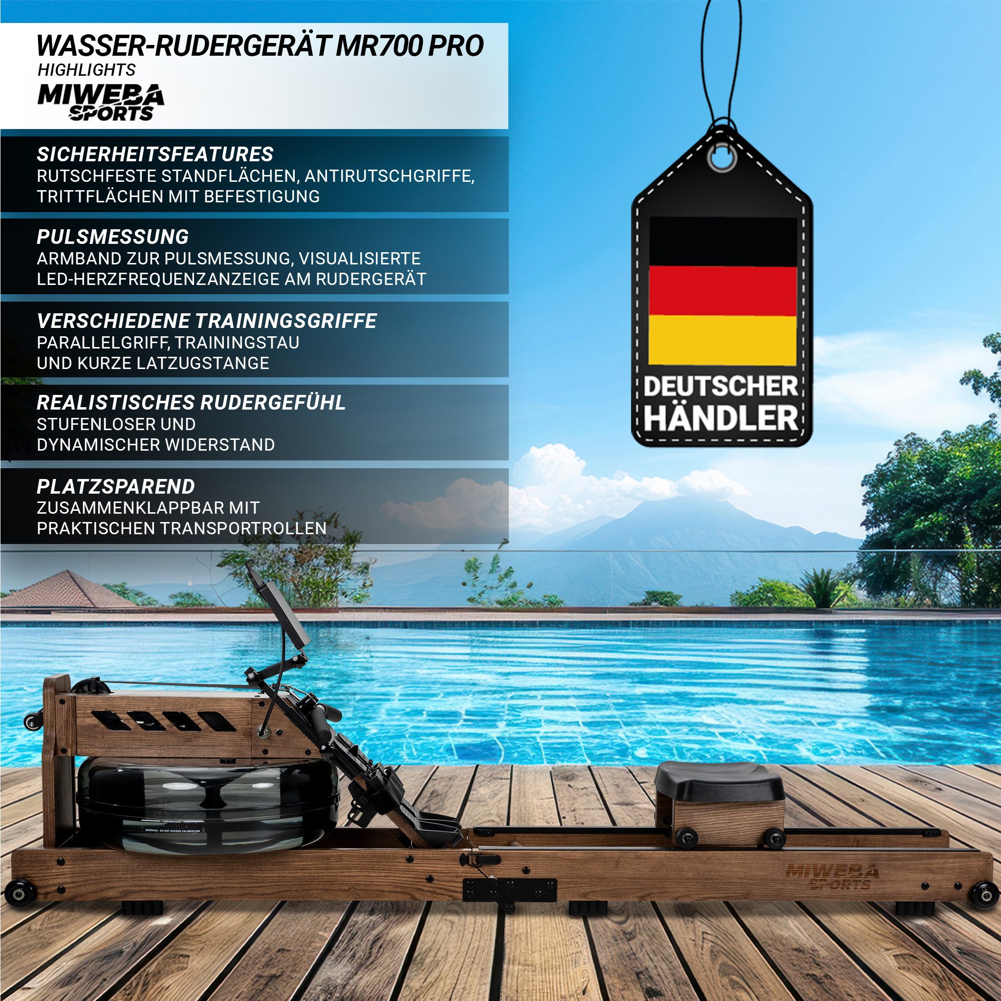 Miweba Sports Rudergerät MR700 PRO klappbar (Rudergerät mit Wasser, Rudergerät klaüübar für zuhause, Rudergerät Holz, Rudermaschine, Heimtrainer), Wassertank, Herzfrequenzarmband