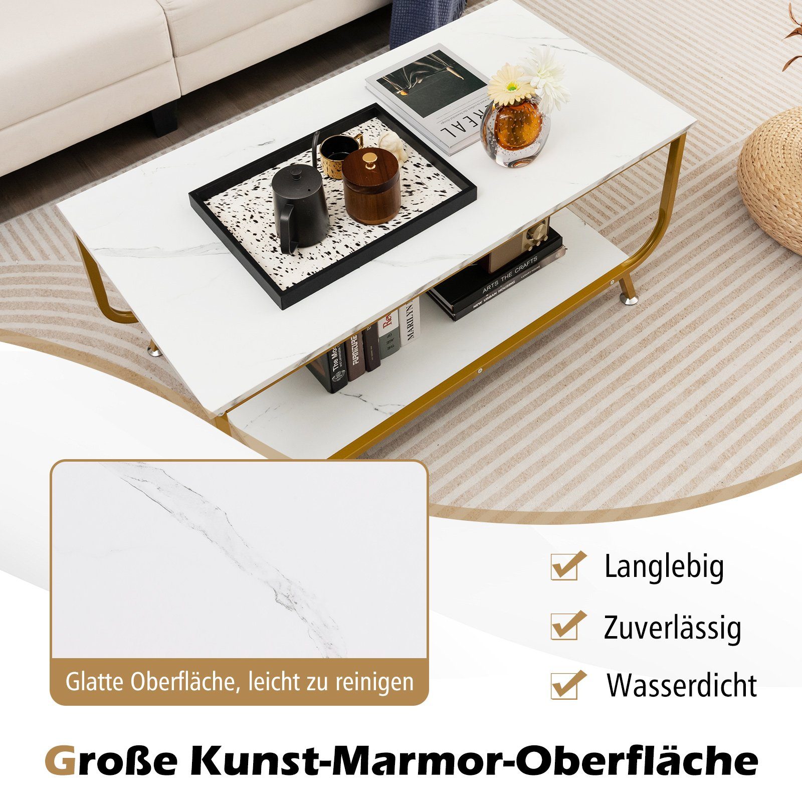 COSTWAY Couchtisch, Marmor, rechteckig, mit Stauraum, 105x55x46,5cm, gold