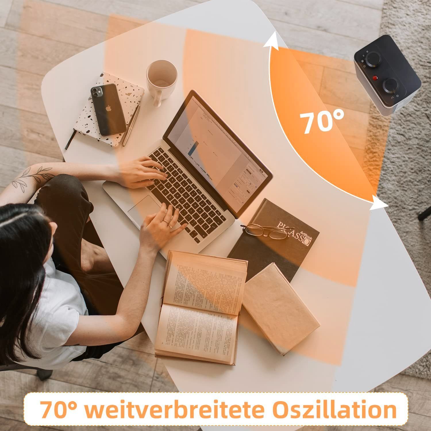 ZMH Keramikheizlüfter leise keramik energiesparend Elektroheizung, 1500 W, 70° Oszillation Räume Heizofen mit 3 Modi