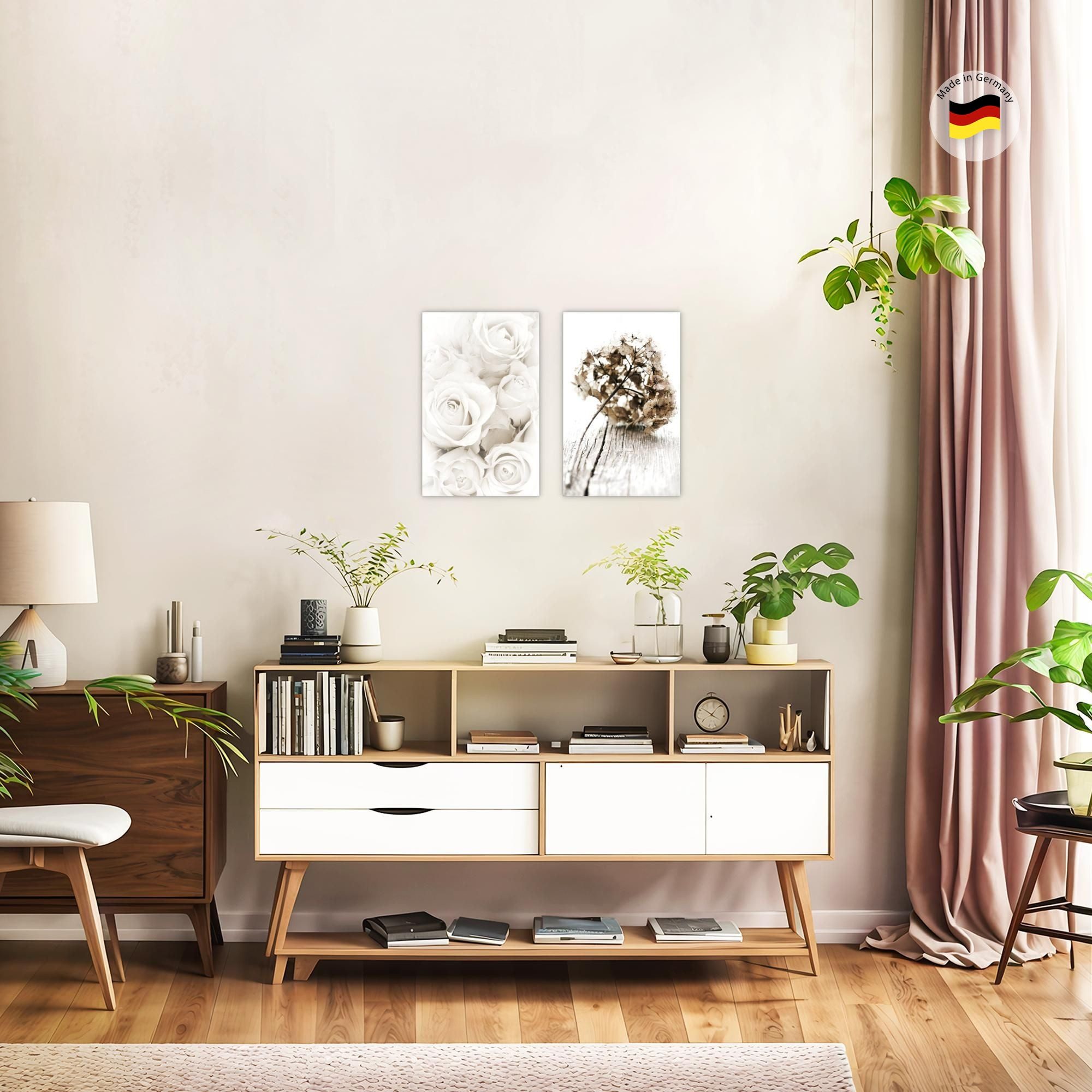 Novart Wandbild Blumen 2 Teilig für Schlafzimmer Büro 2 Bilder Weiß Rosen N023120a, 20 x 30 cm - 2 Bilder mit Rahmen