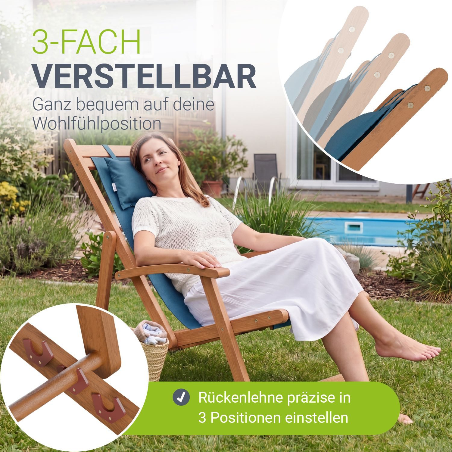 Juskys Gartenliege Tavira, 2er Set, 2 St., Verstellbare Lehne, Klappbar, Abnehmbares Kopfkissen