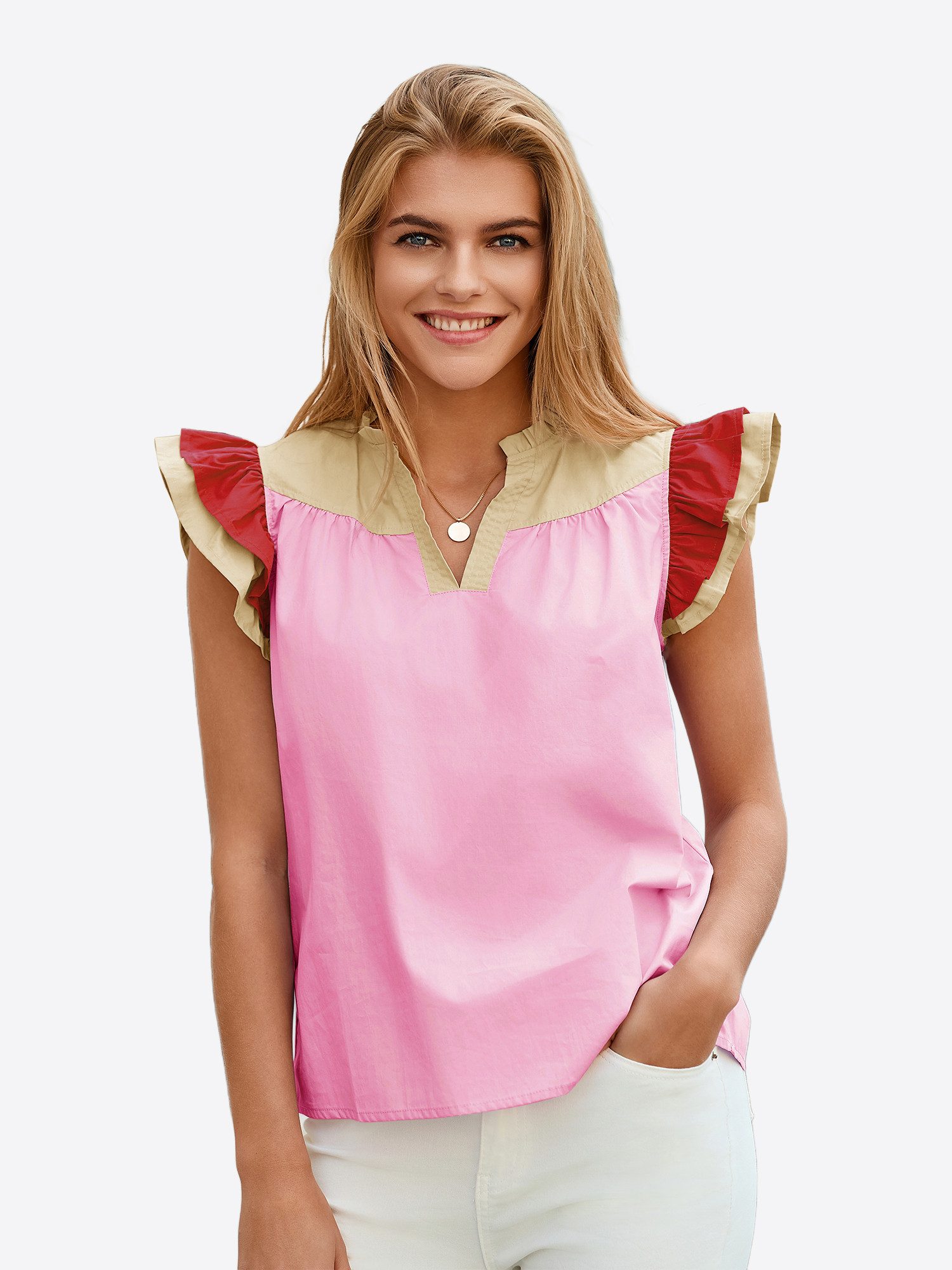 Imily Bela Blusenshirt Damen Kurzarm mit Colorblocking Rüschenärmeln und V-Ausschnitt (Packung, 1-tlg., 1per-Pack) aus Baumwolle
