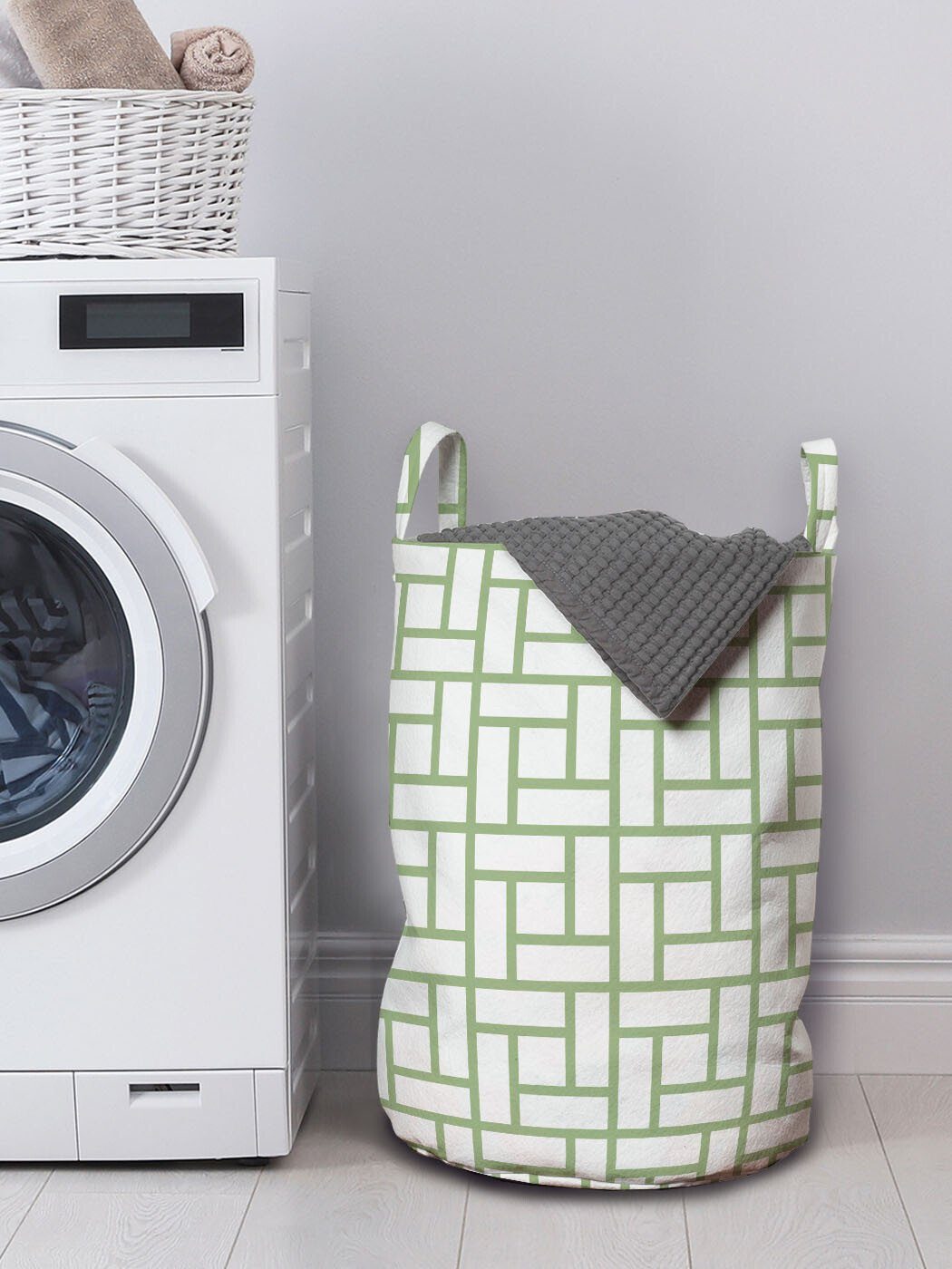 Abakuhaus Wäschesäckchen Wäschekorb mit Grün Linien Quadrate Griffen Maze geformte für Kordelzugverschluss Waschsalons
