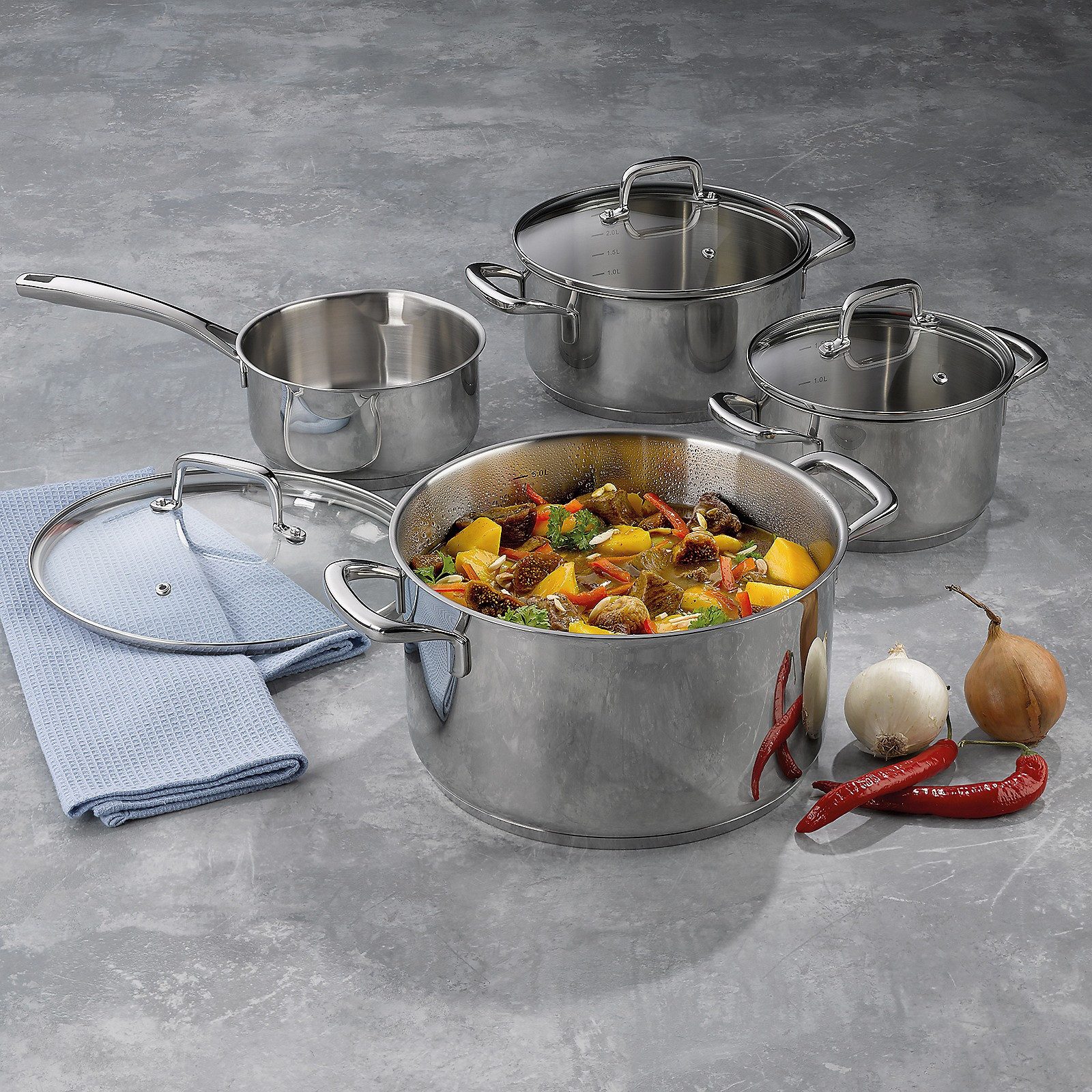 kela Kochtopf Flavoria, Edelstahl 18, 10, Glasdeckel mit Dampfloch, Innenskala, Allherdboden, Energiesparboden