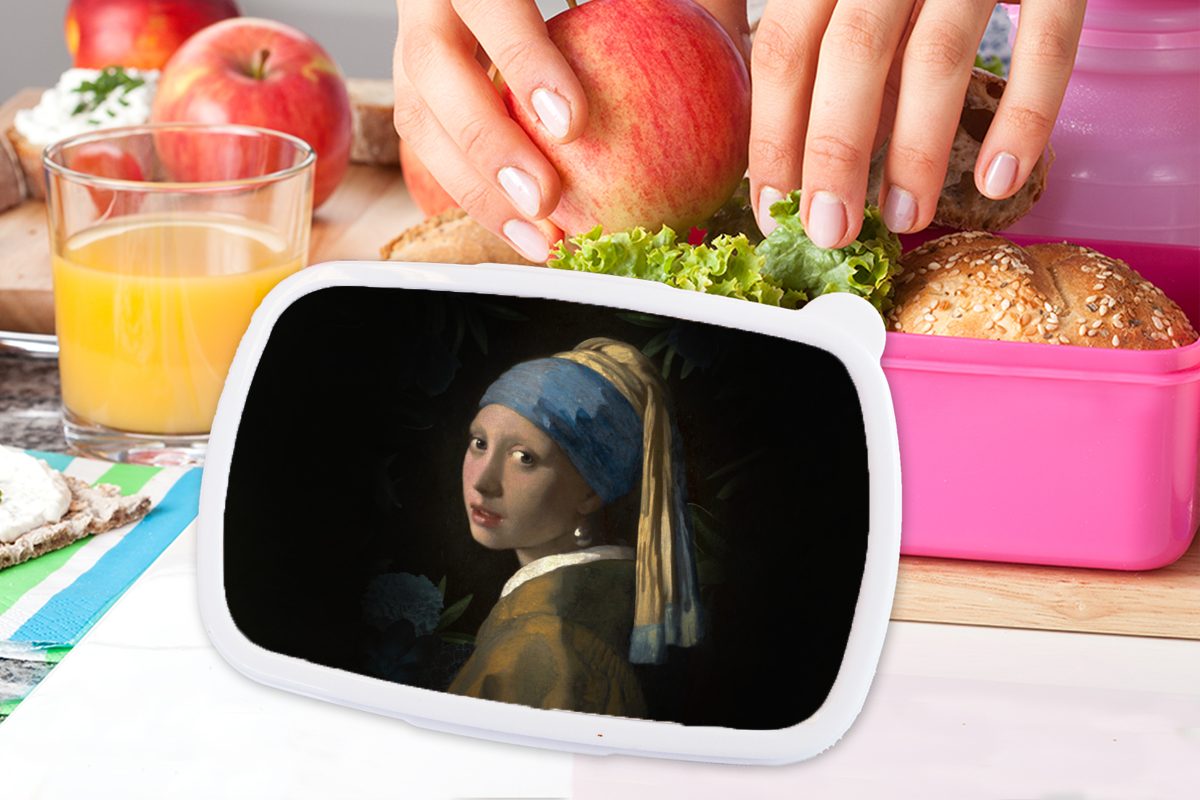 Kinder, Brotdose Pflanzen, mit Perlenohrring Das Vermeer rosa Kunststoff Mädchen, für Kunststoff, - (2-tlg), Lunchbox Brotbox - Mädchen MuchoWow Snackbox, Erwachsene, dem