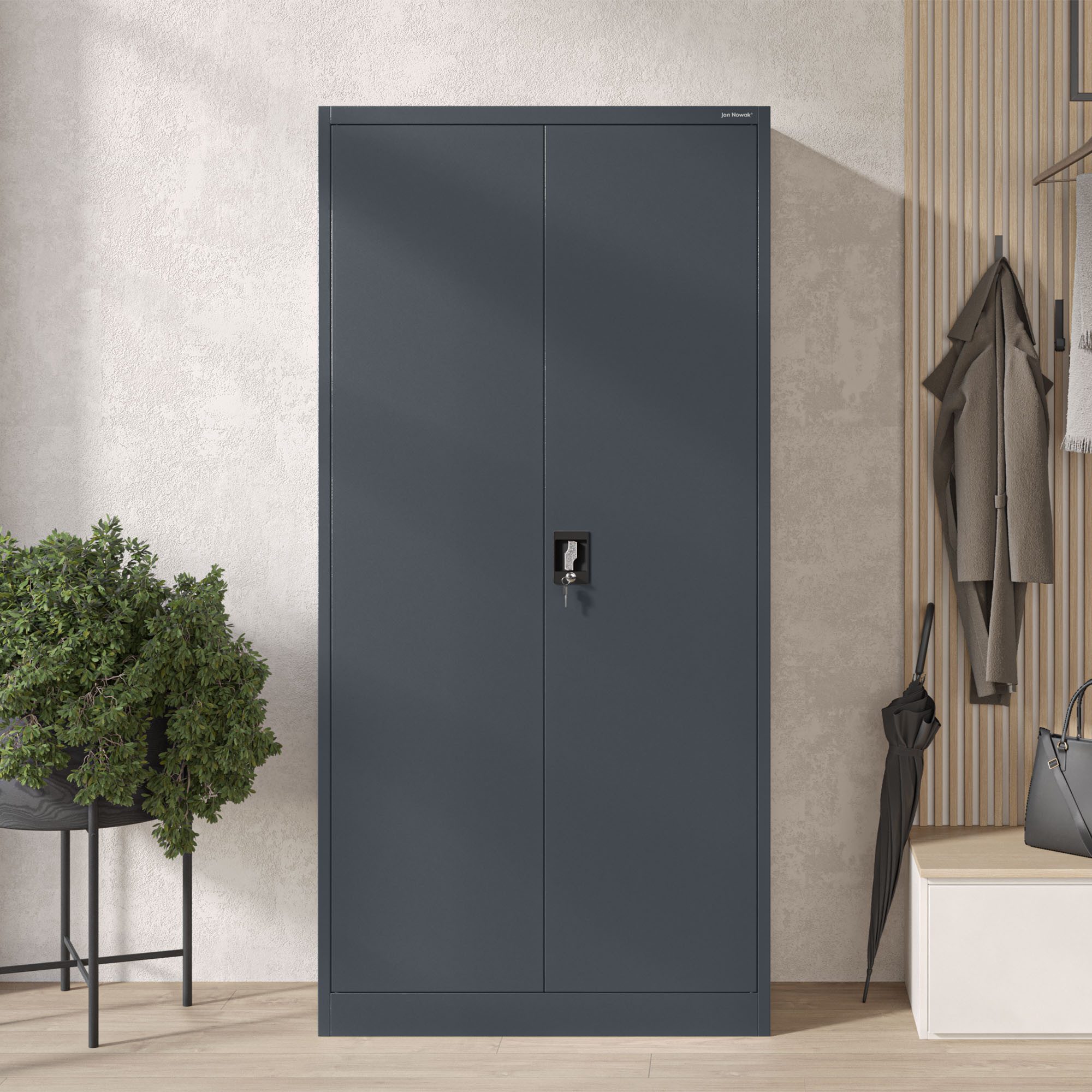 Jan Nowak Mehrzweckschrank Metall Mehrzweckschrank abschließbar 90 cm DAWID 3 Zonen Stahl (0,6 mm Wandmontage möglich PZH-zertifiziert DSGVO-konform) Putzschrank Kleiderstange Schloss 2 Schlüssel robust 11 Farben